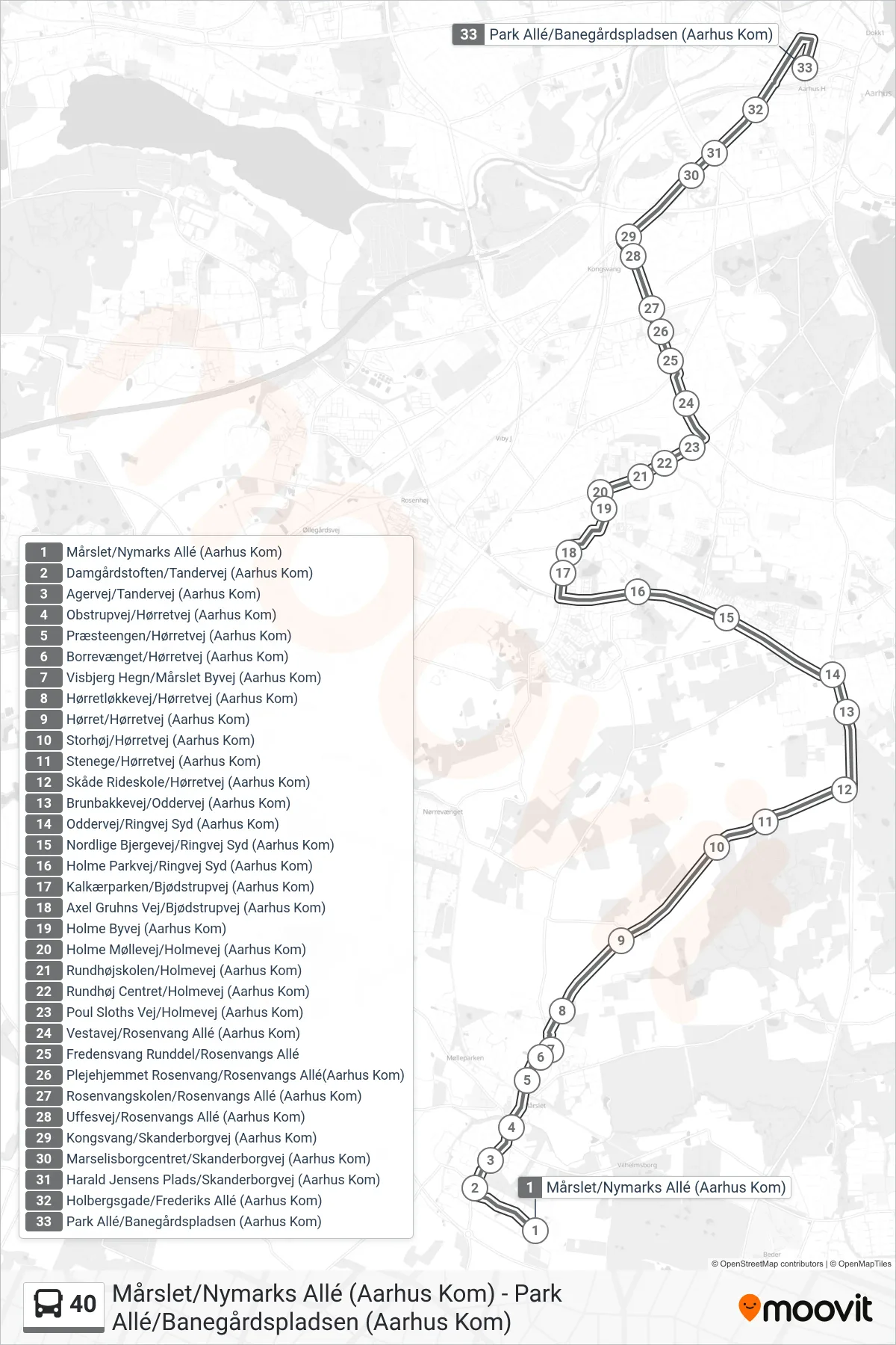 40 bus Linje (Natbus Park Allé) rute og stop på et kort