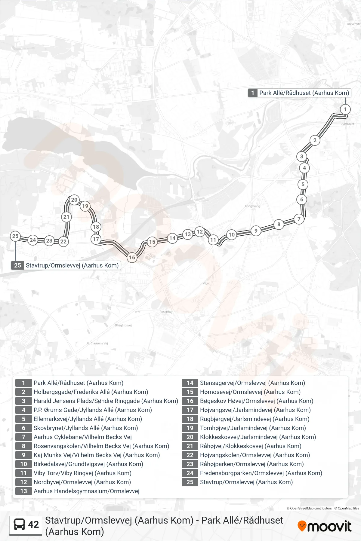 42 bus Linje (Natbus Stavtrup) rute og stop på et kort