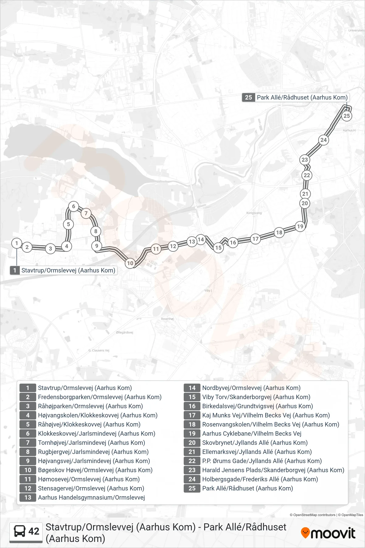 42 bus Linje (Natbus Park Allé) rute og stop på et kort