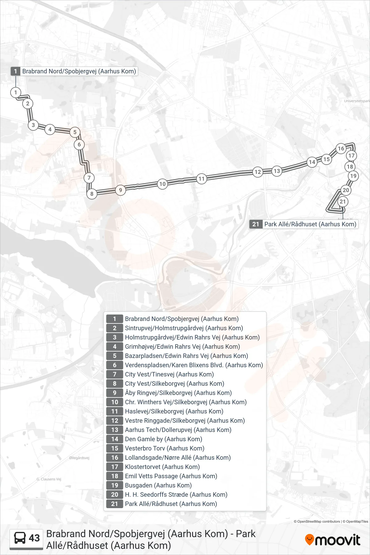 43 bus Linje (Natbus Park Allé) rute og stop på et kort