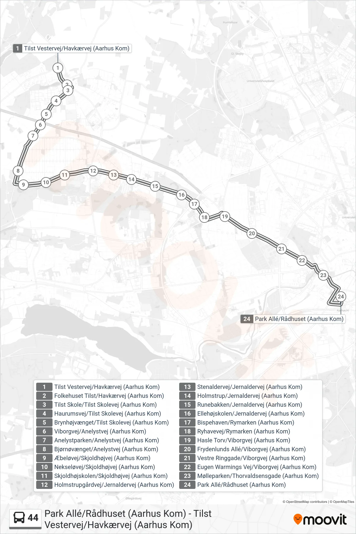 44 bus Linje (Natbus Park Allé) rute og stop på et kort
