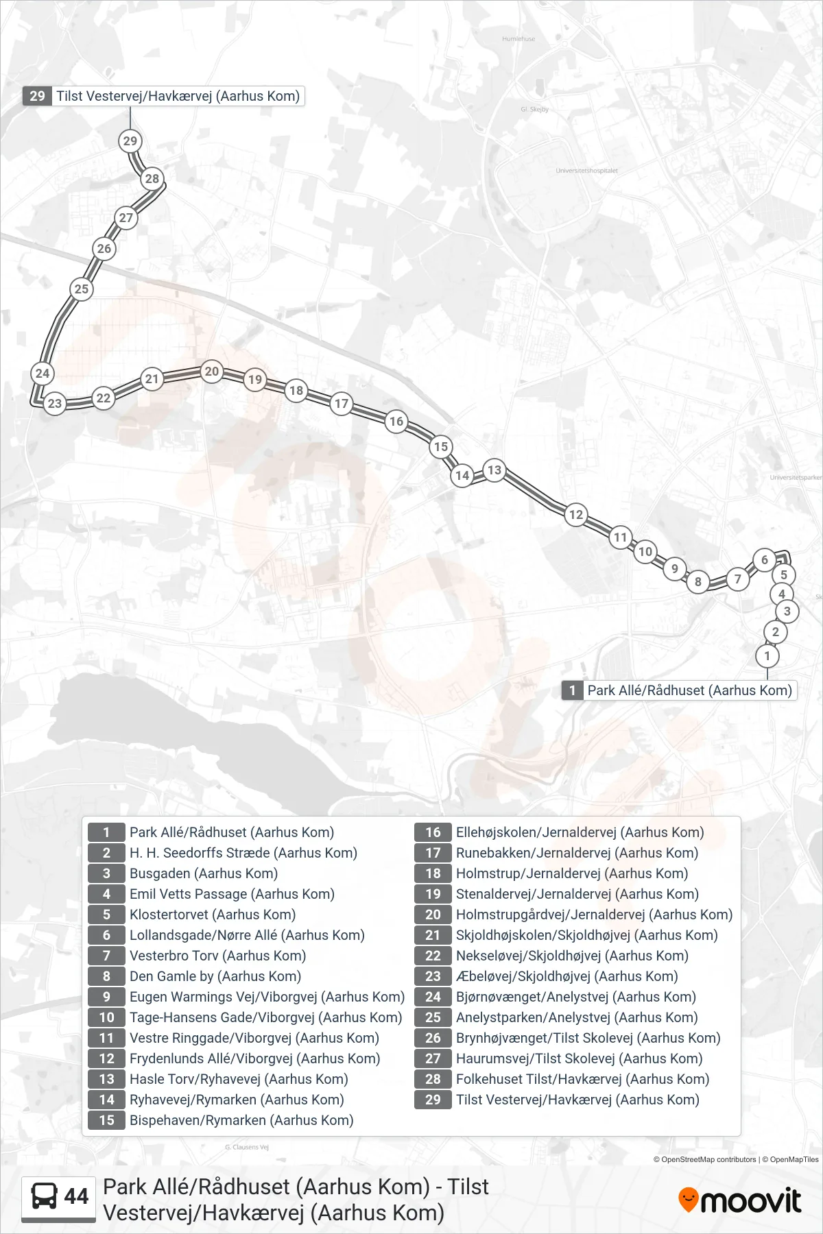 44 bus Linje (Natbus Tilst) rute og stop på et kort