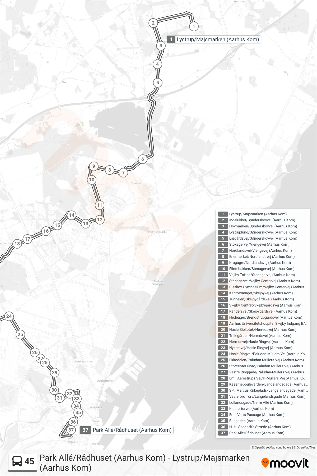 45 bus Linje (Natbus Park Allé) rute og stop på et kort