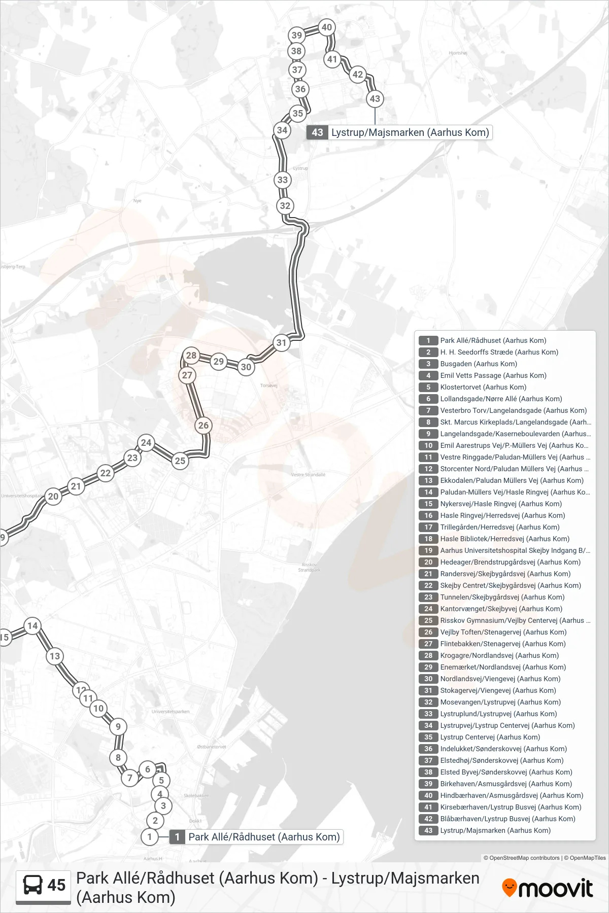 45 bus Linje (Natbus Lystrup) rute og stop på et kort