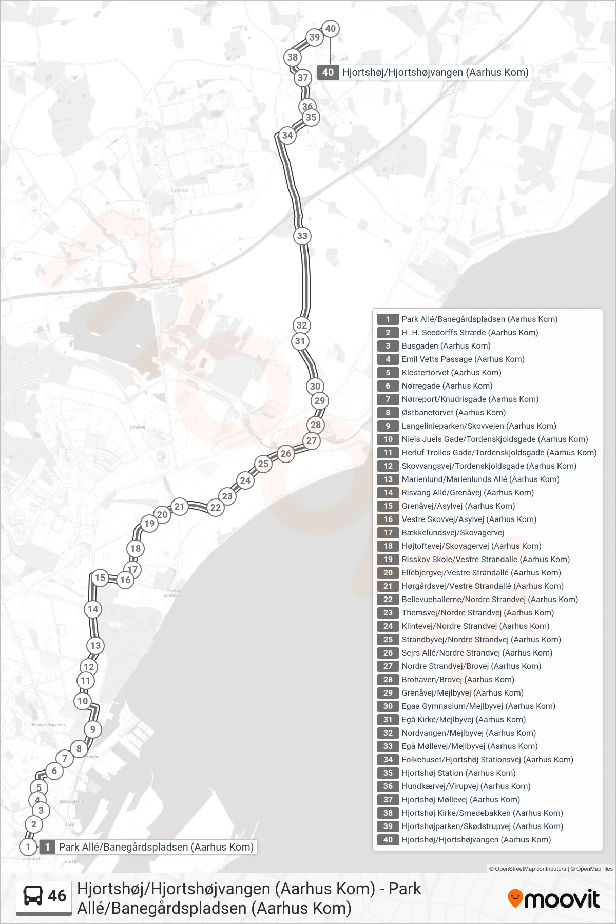 46 bus Linje (Natbus Hjortshøj) rute og stop på et kort