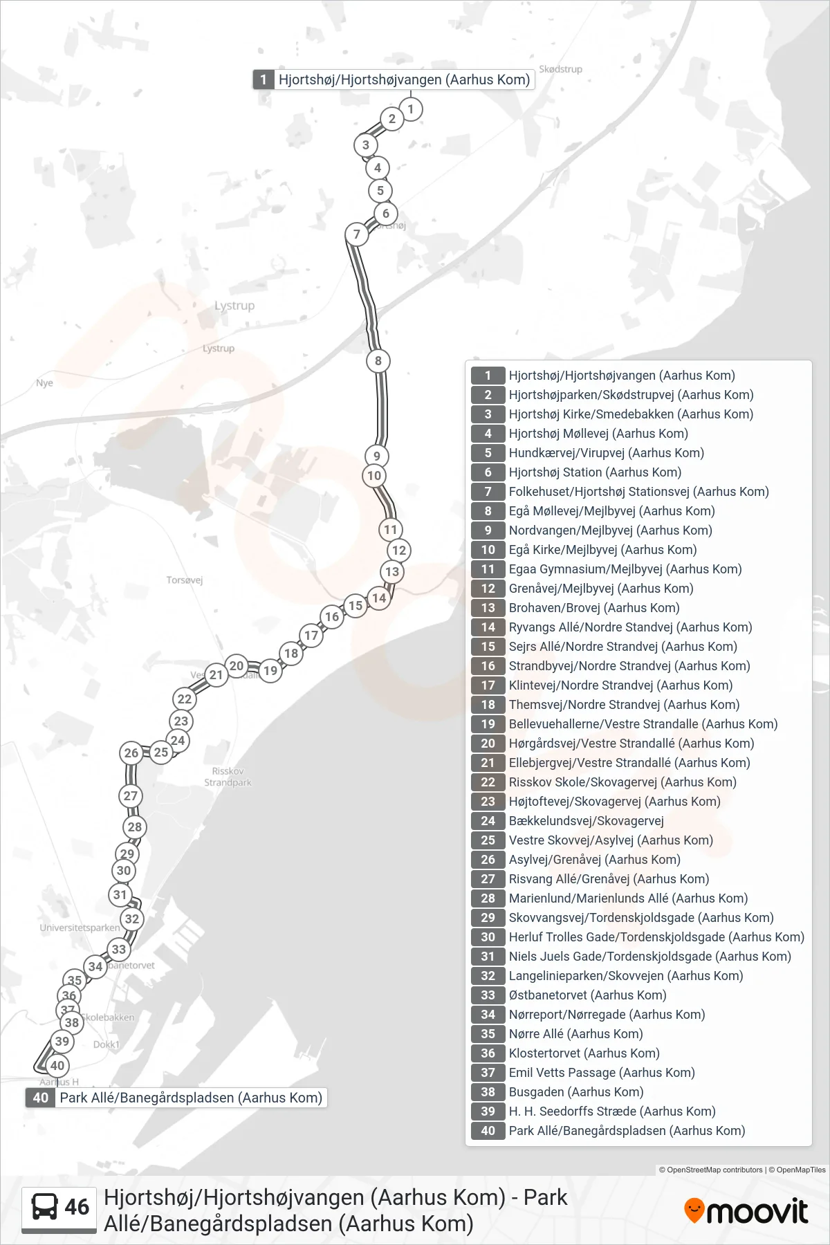 46 bus Linje (Natbus Park Allé) rute og stop på et kort