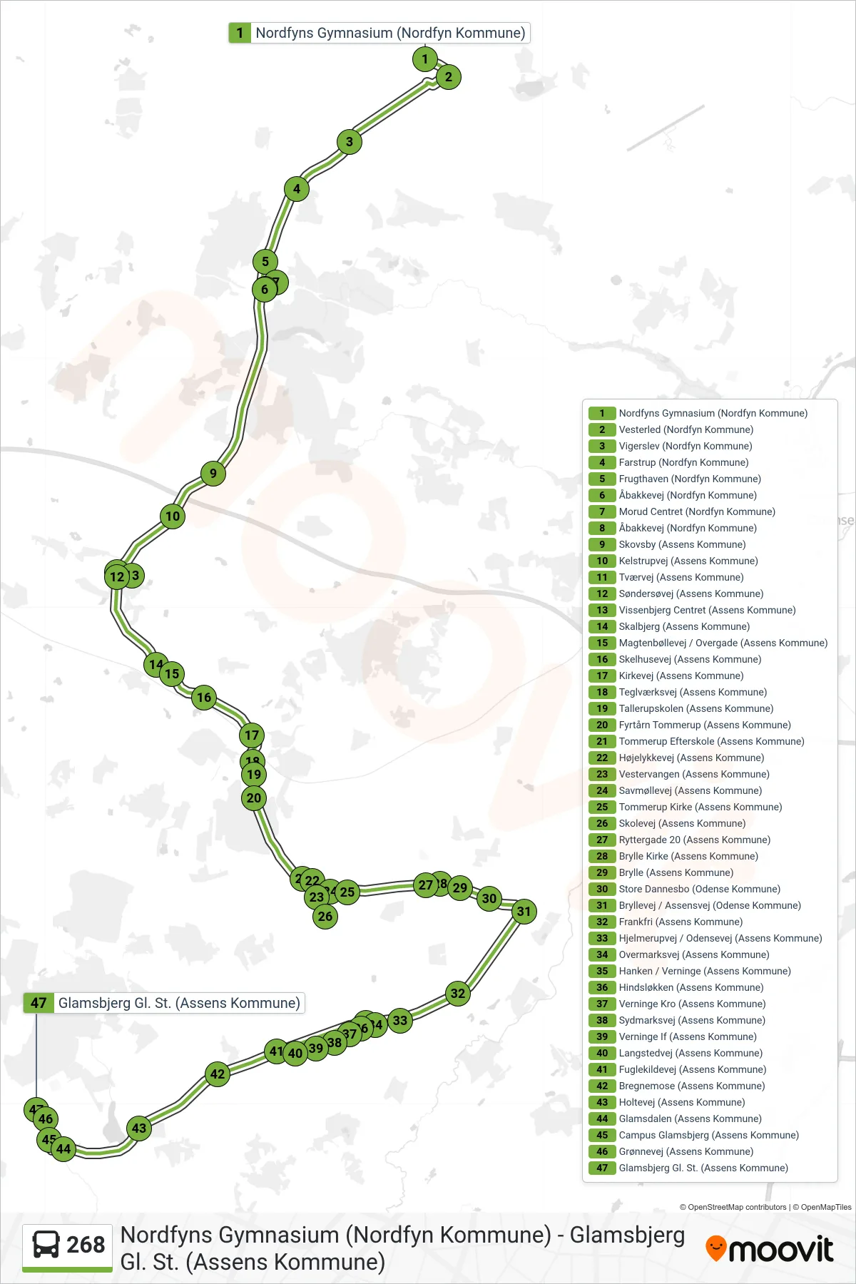 268 bus Linje (Glamsbjerg) rute og stop på et kort