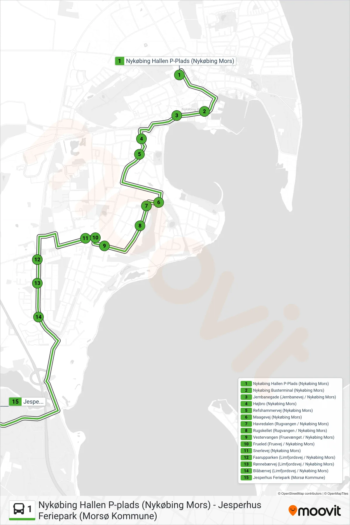 1 bus Linje (Lødderup - Elsø Via Sydbyen) rute og stop på et kort