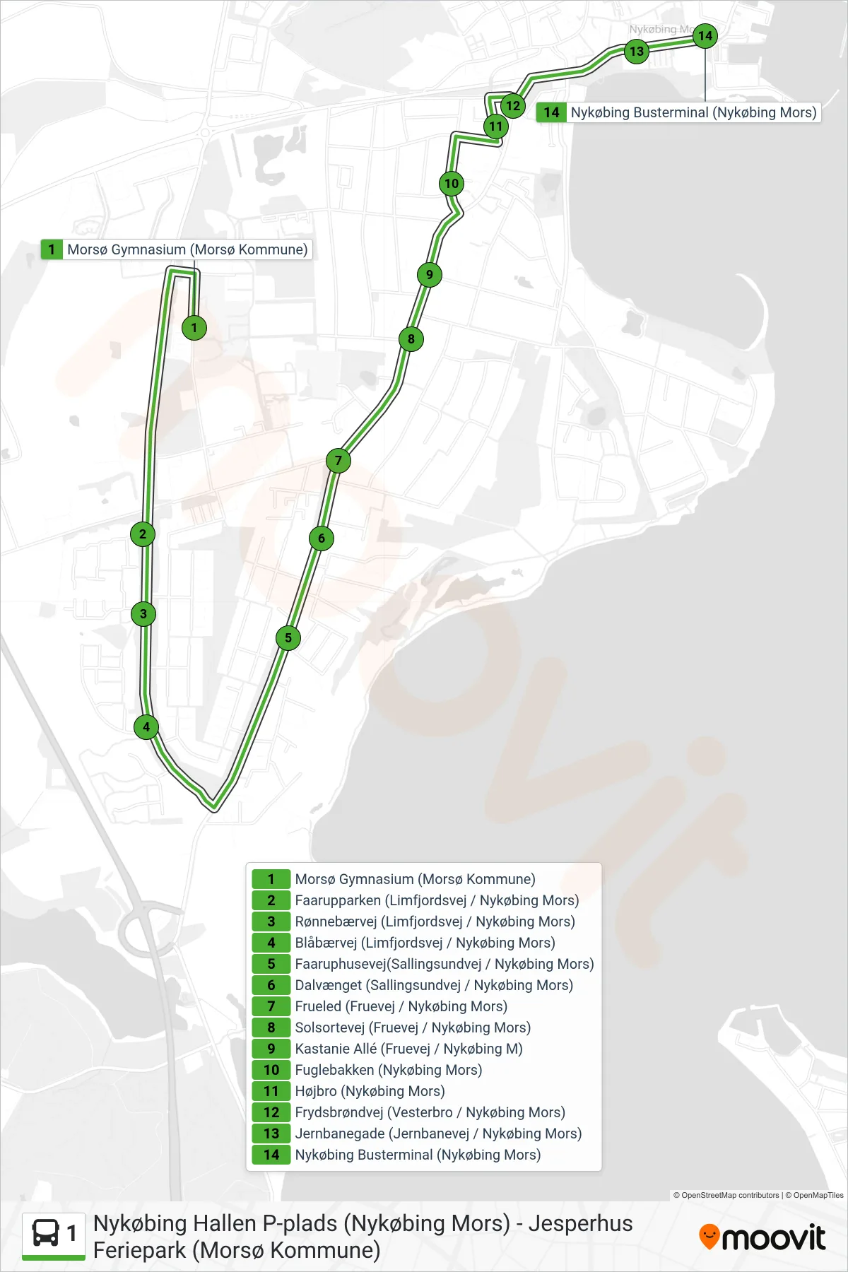 1 bus Linje (Nykøbing Busterminal (Nykøbing Mors)) rute og stop på et kort