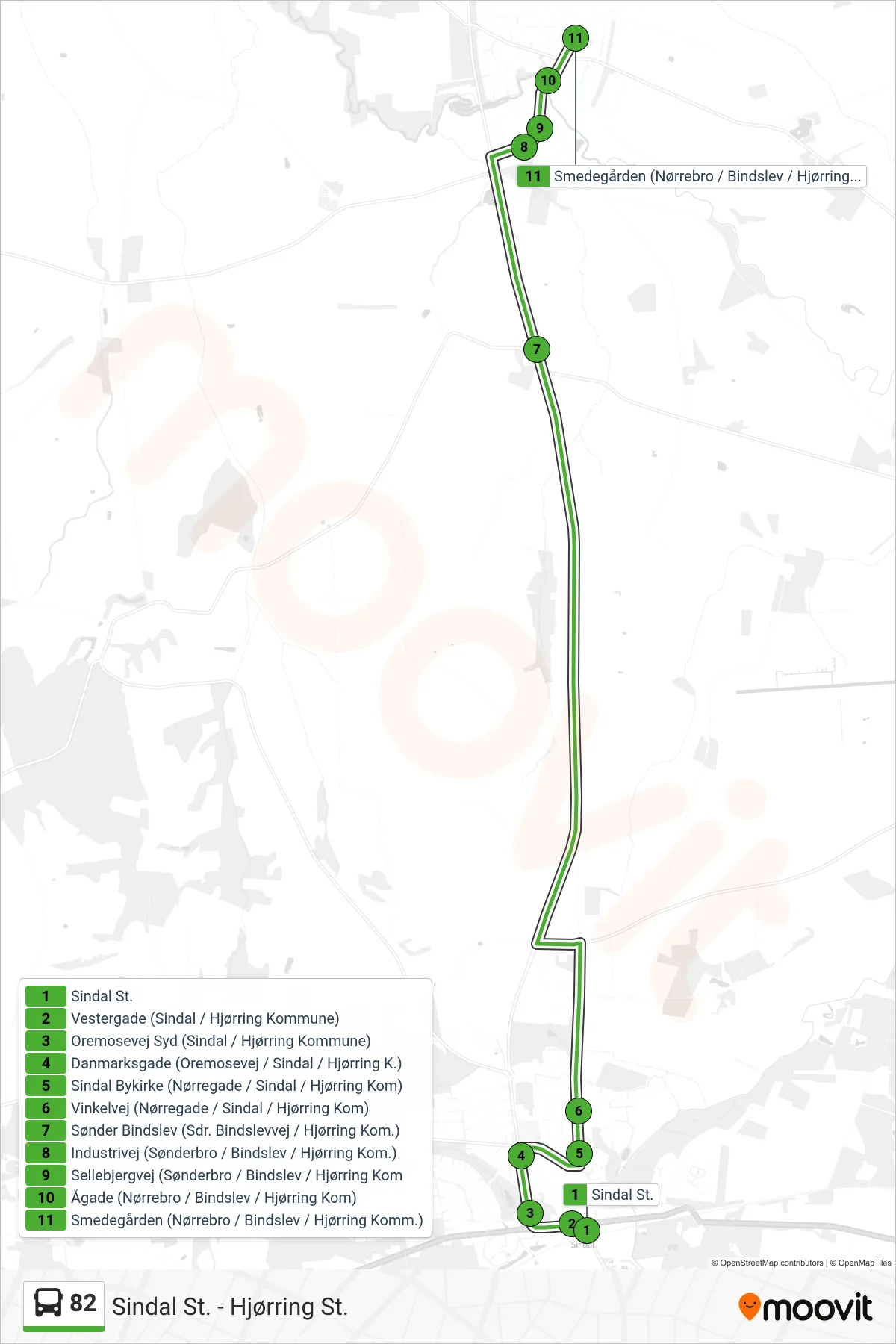 82 bus Linje (Smedegården (Nørrebro / Bindslev / Hjørring Komm.)) rute og stop på et kort