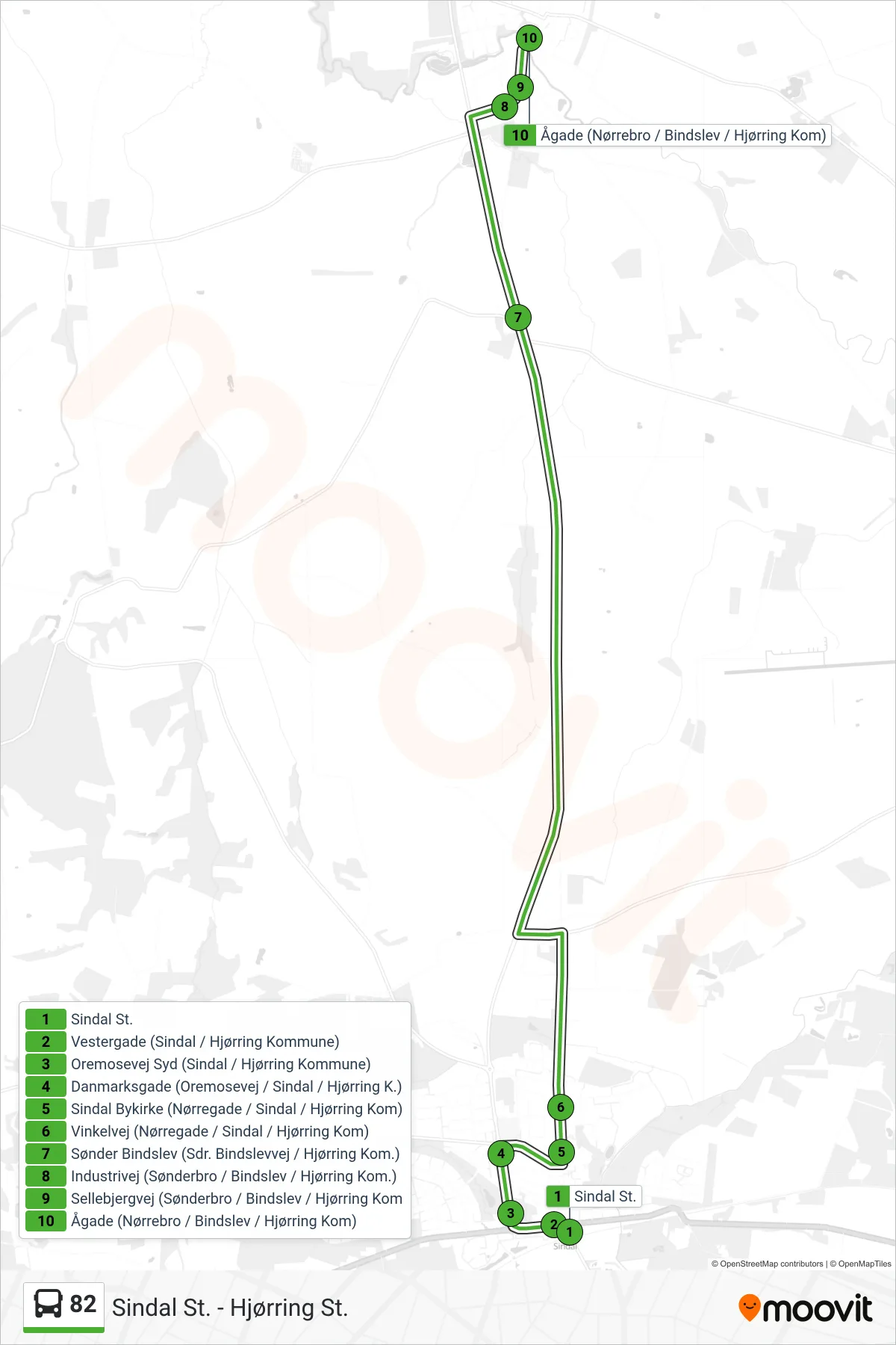 82 bus Linje (Ågade (Nørrebro / Bindslev / Hjørring Kom)) rute og stop på et kort
