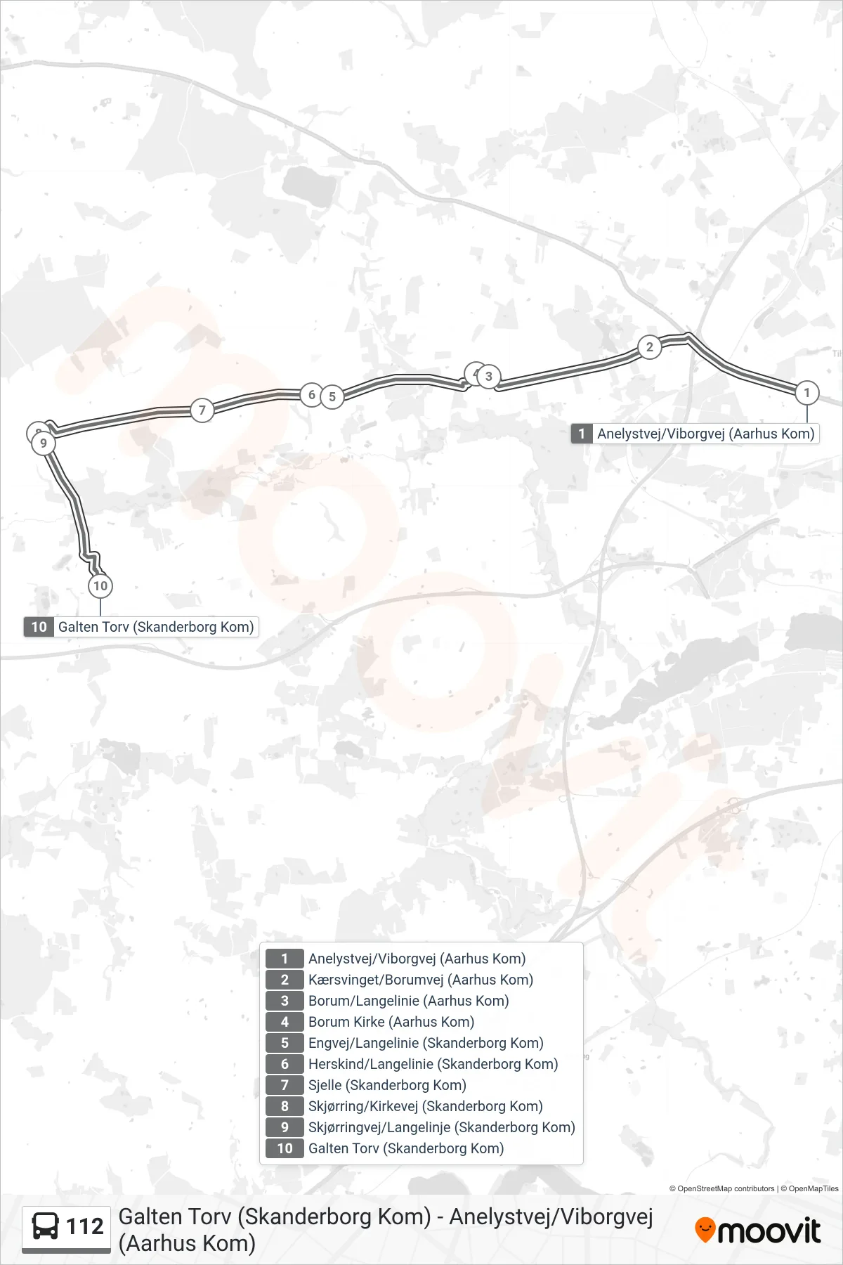 112 bus Linje (Galten) rute og stop på et kort