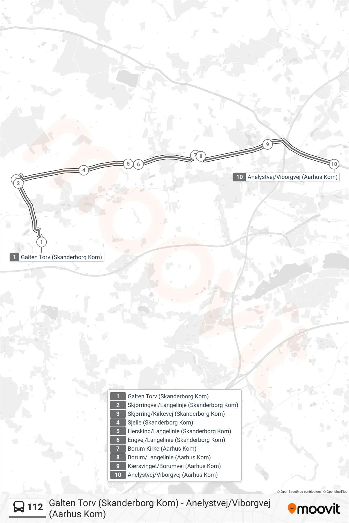 112 bus Linje (Tilst) rute og stop på et kort