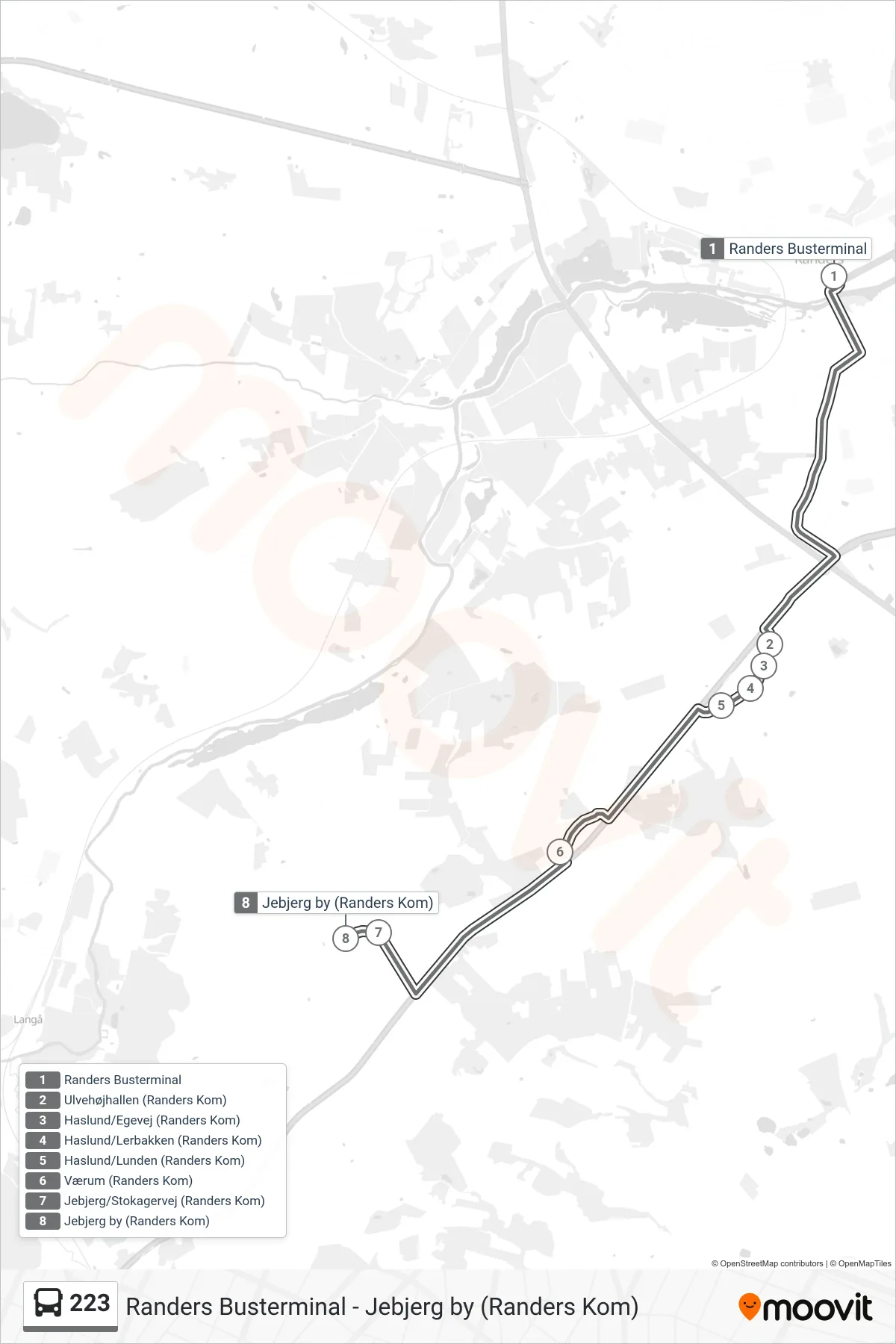 223 bus Linje (Jebjerg by (Randers Kom)) rute og stop på et kort
