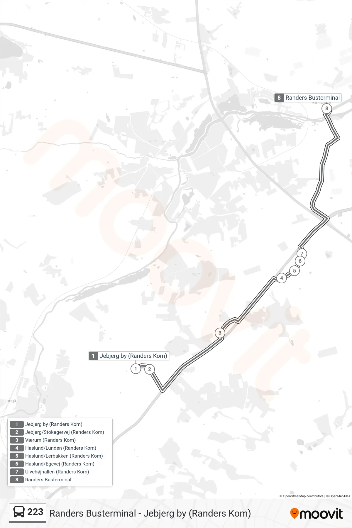 223 bus Linje (Randers Busterminal) rute og stop på et kort