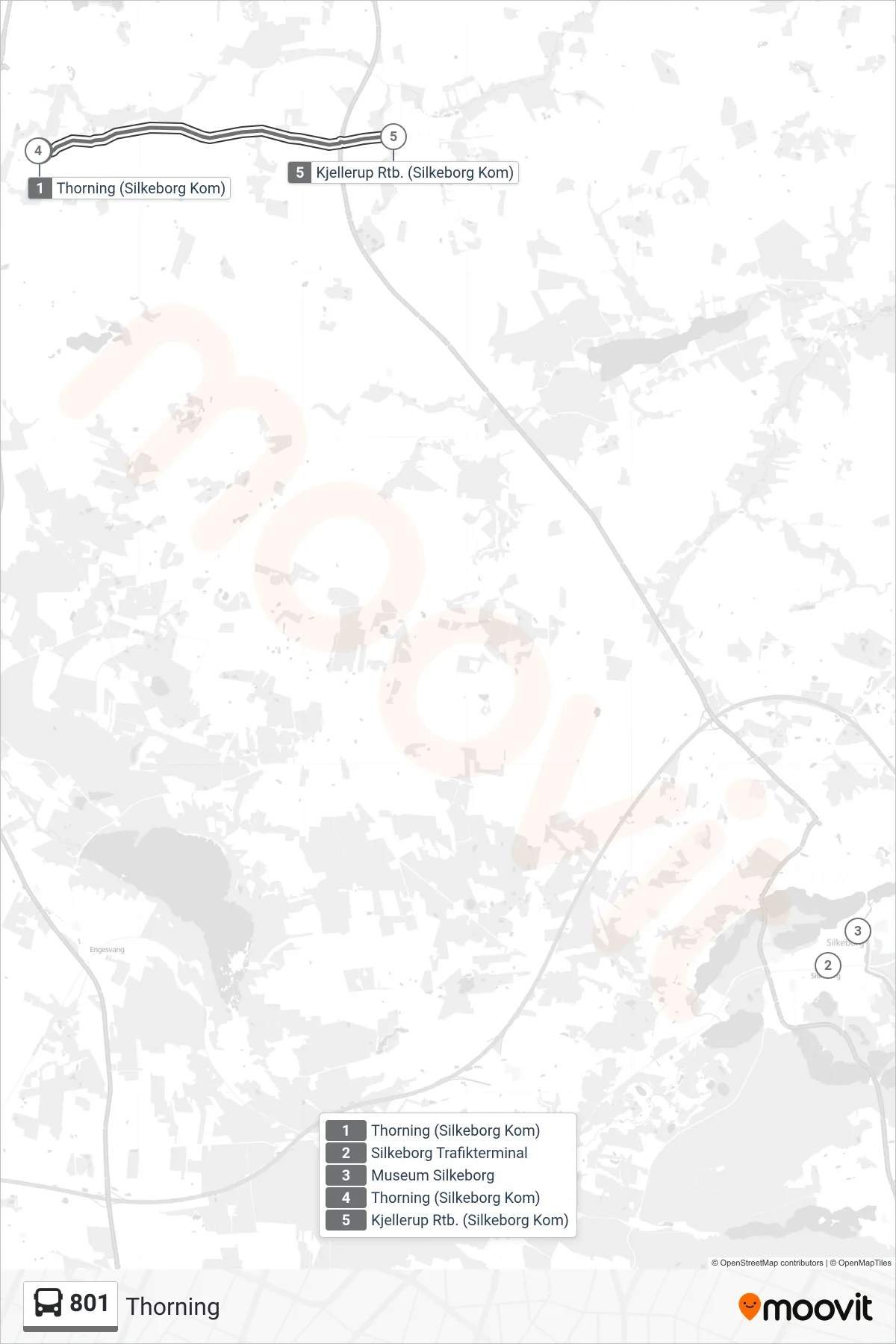 801 bus Line (Thorning) route and stops on a map