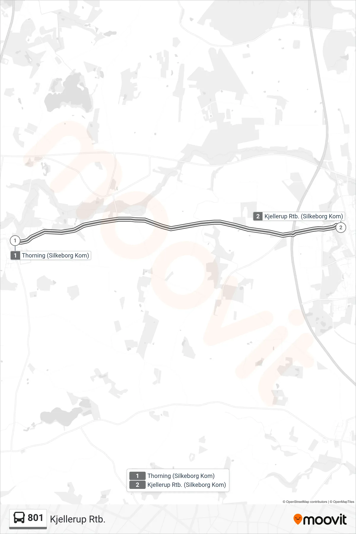 801 bus Linje (Kjellerup Rtb.) rute og stop på et kort