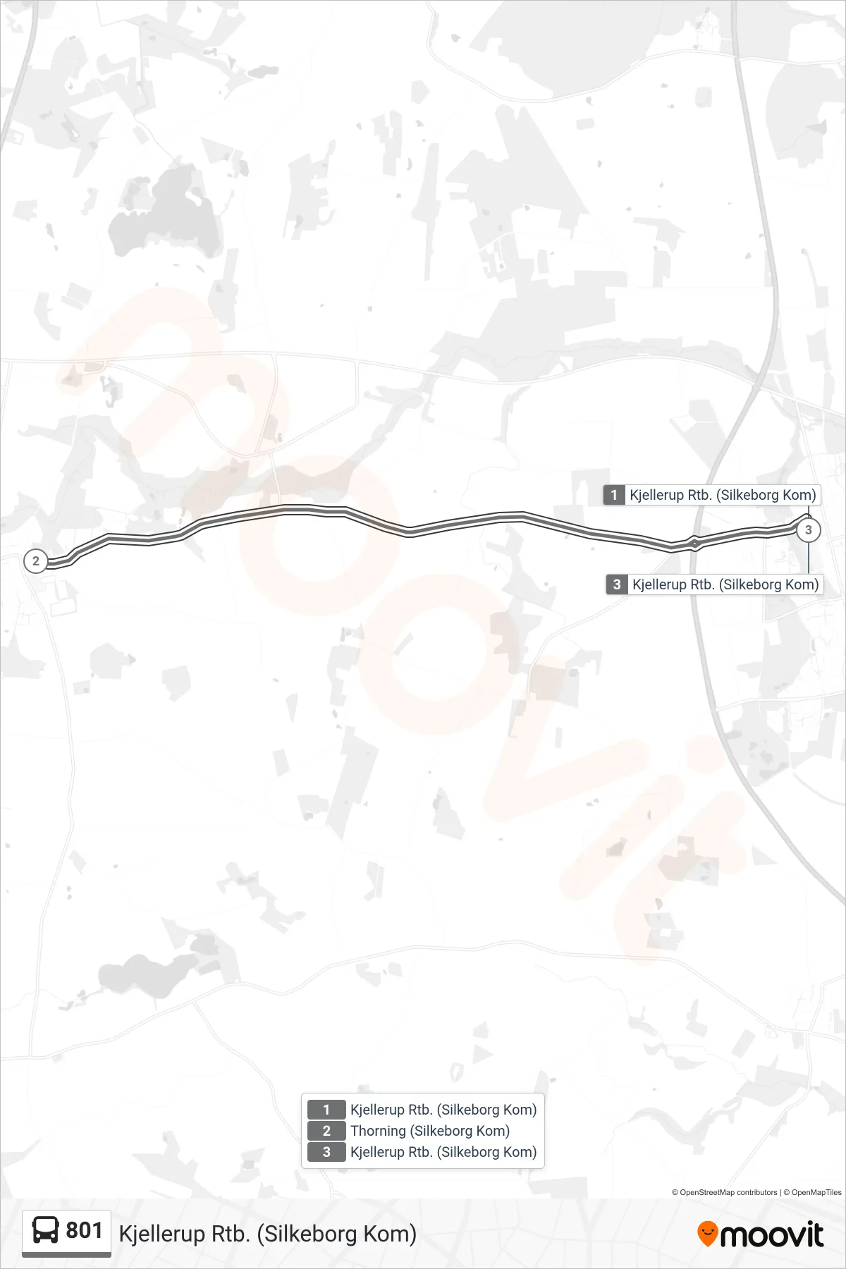 801 bus Linje (Kjellerup Rtb. (Silkeborg Kom)) rute og stop på et kort