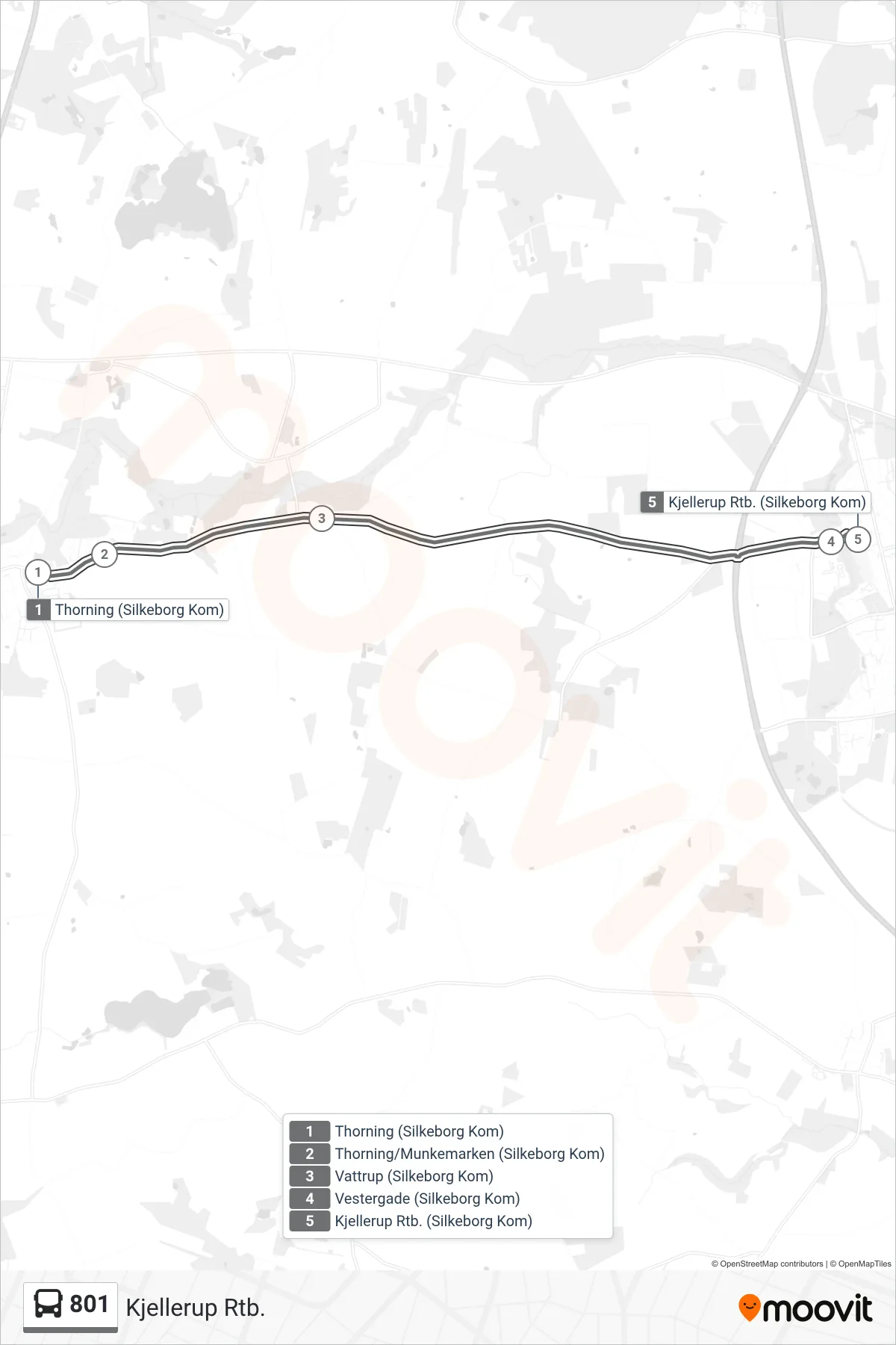 801 bus Linje (Kjellerup Rtb.) rute og stop på et kort