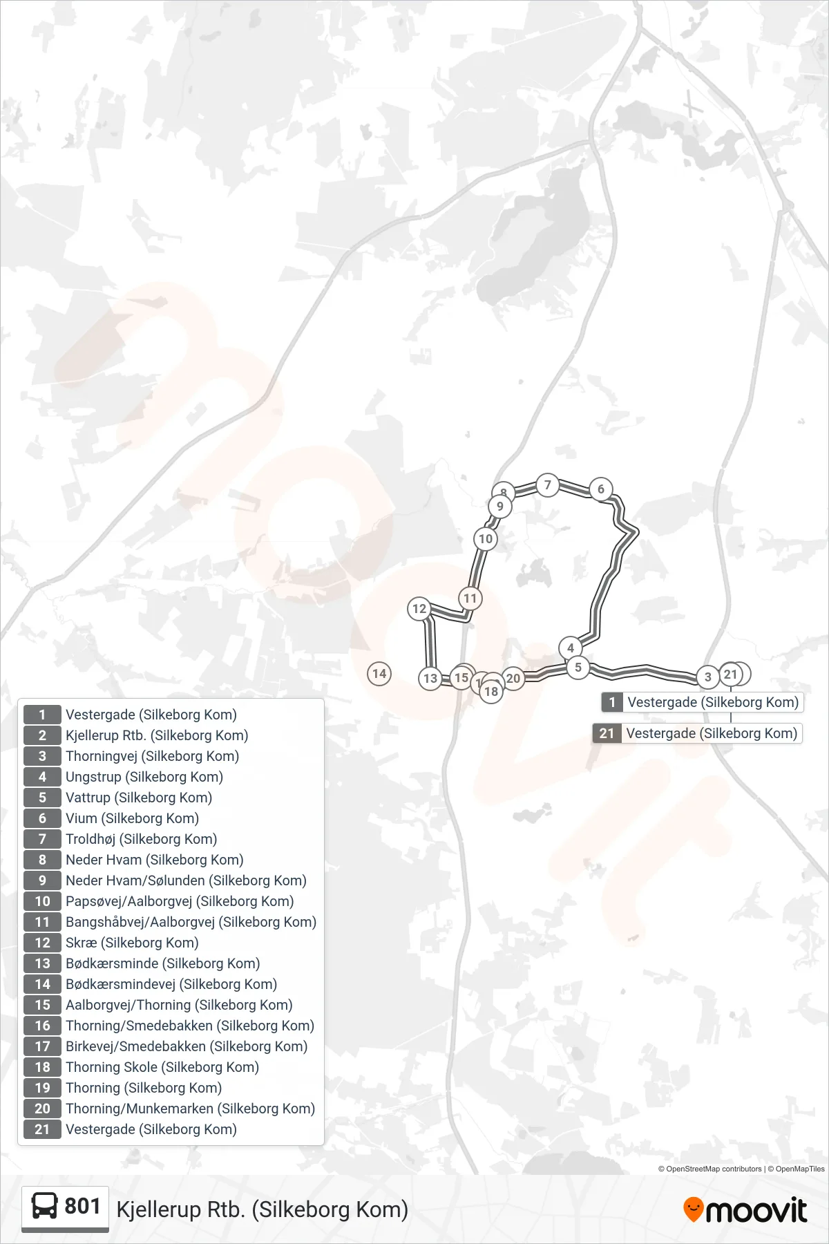 801 bus Linje (Kjellerup Rtb. (Silkeborg Kom)) rute og stop på et kort