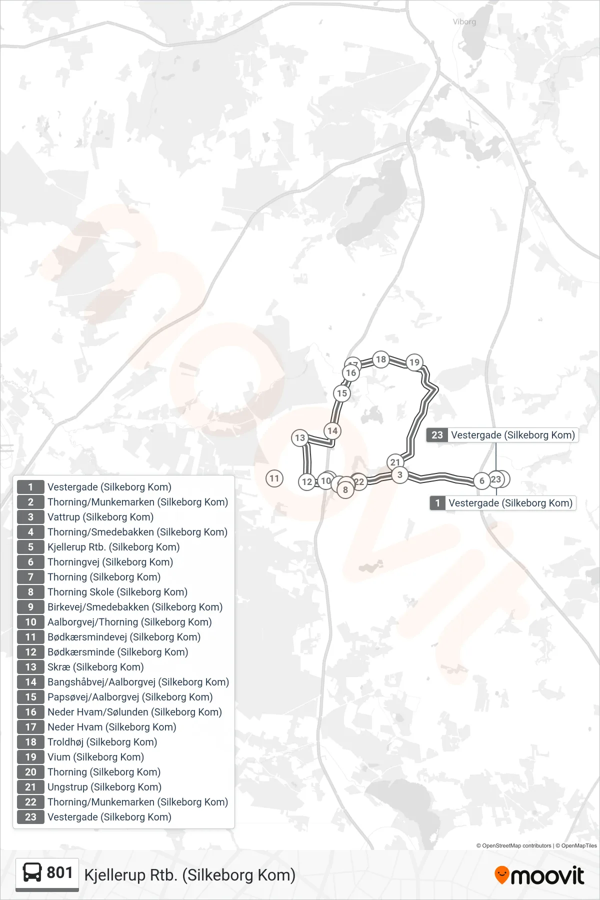 801 bus Linje (Kjellerup Rtb. (Silkeborg Kom)) rute og stop på et kort