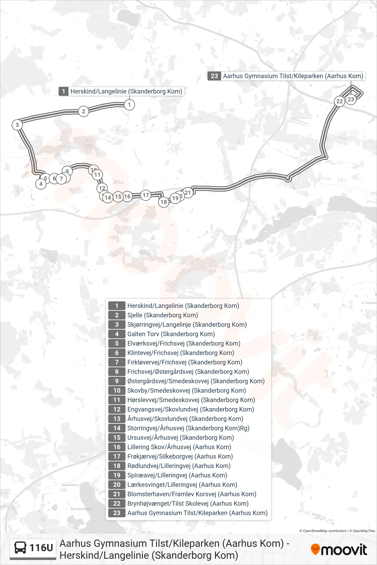 116U bus Linje (Aarhus Gymnasium Tilst/Kileparken (Aarhus Kom)) rute og stop på et kort