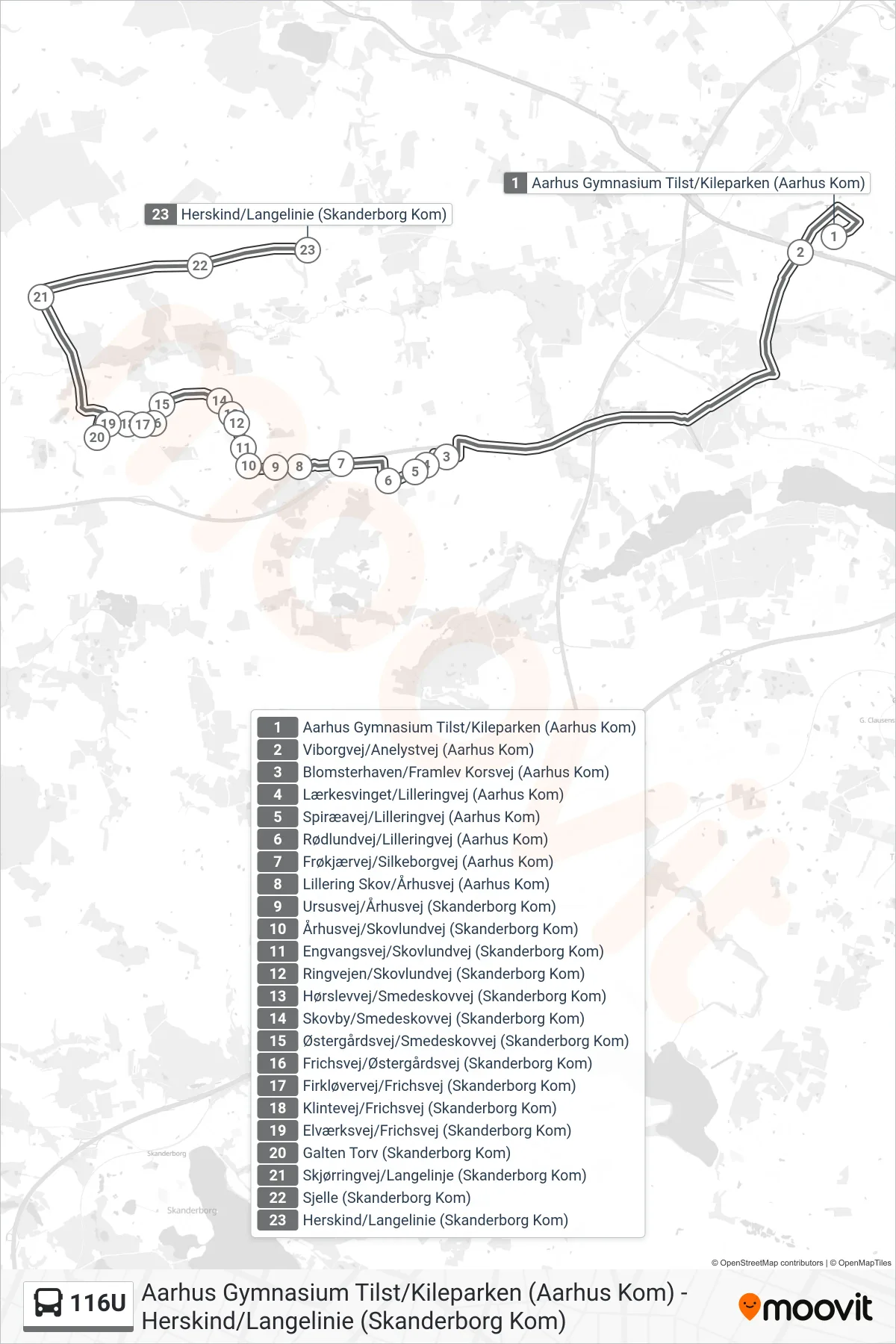 116U bus Linje (Galten Torv) rute og stop på et kort