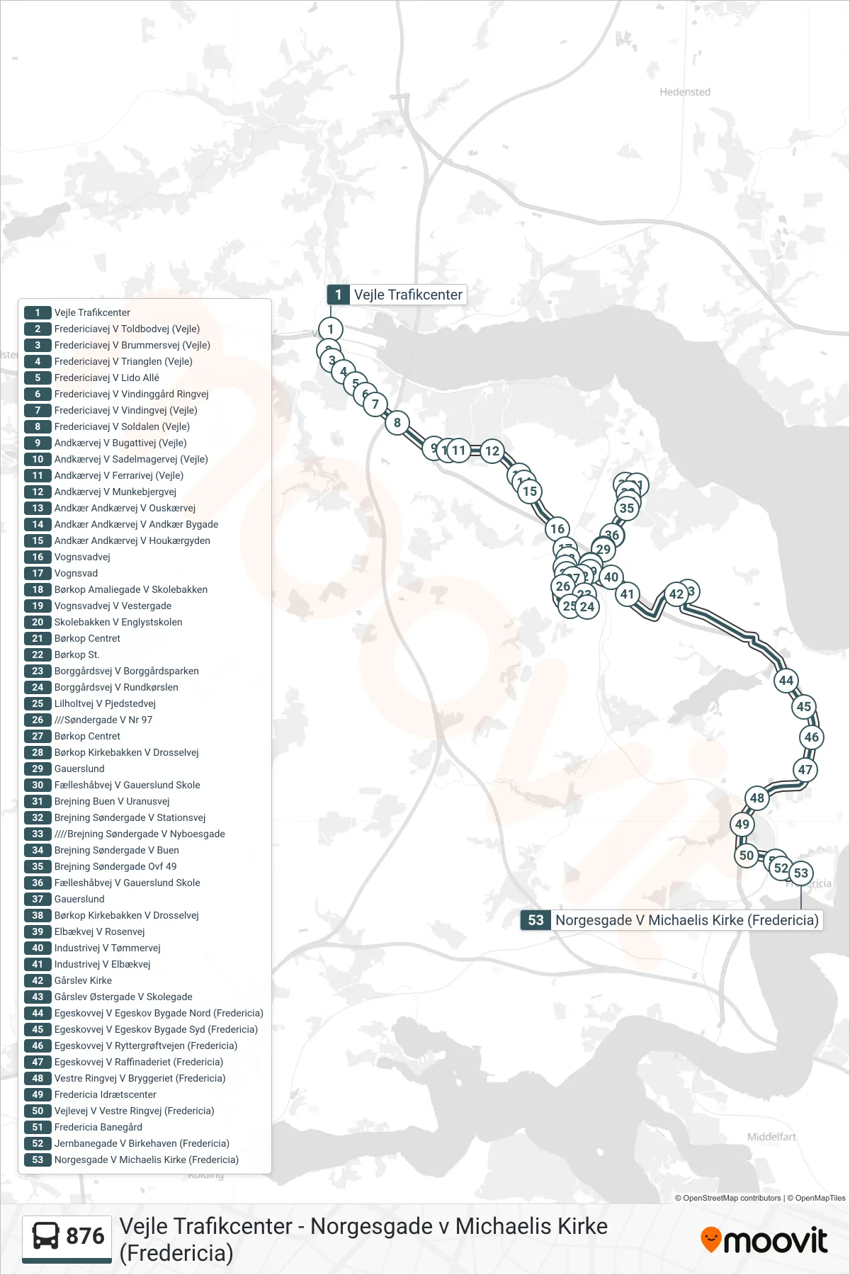 876 bus Linje (Fredericia) rute og stop på et kort