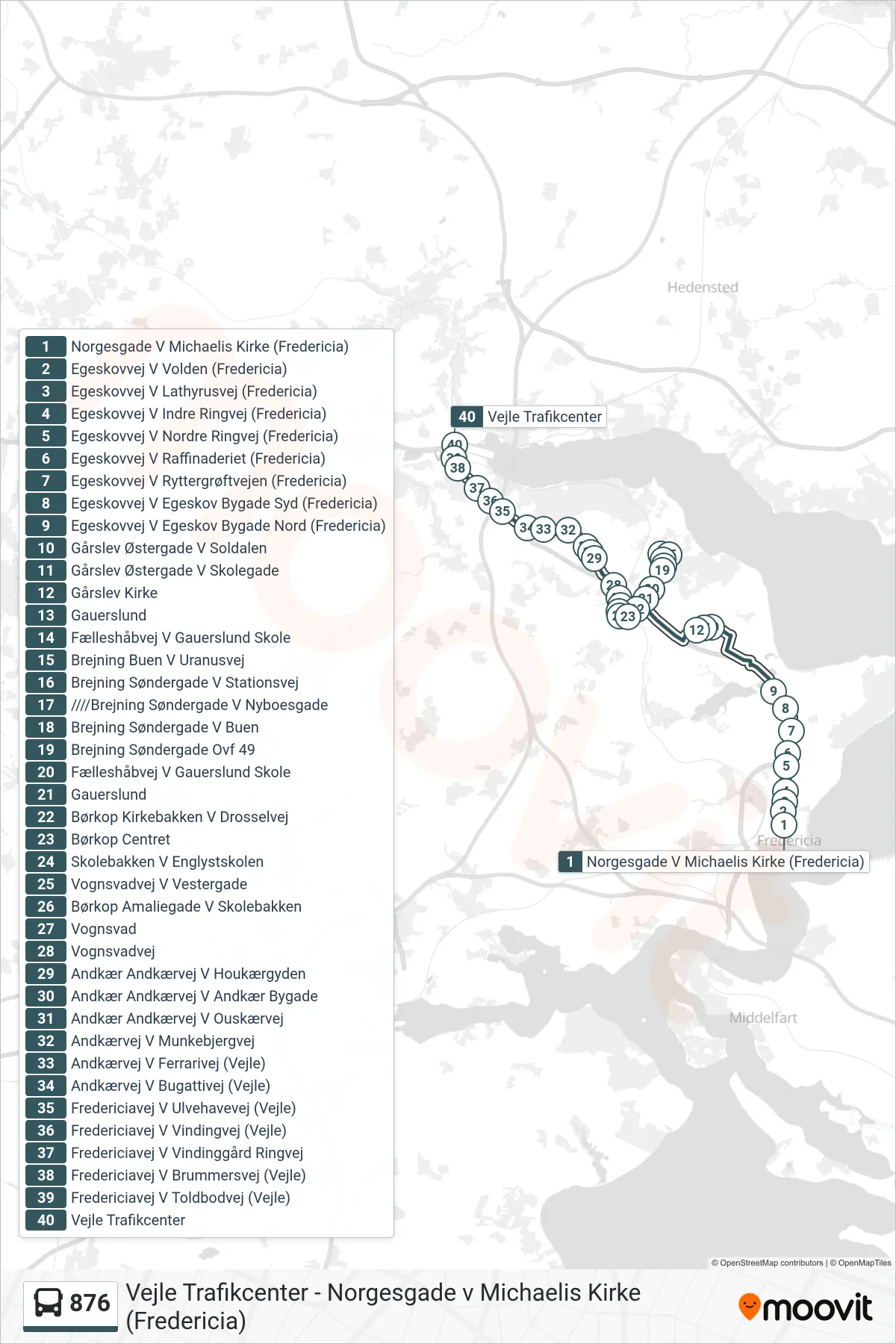 876 bus Linje (Vejle) rute og stop på et kort