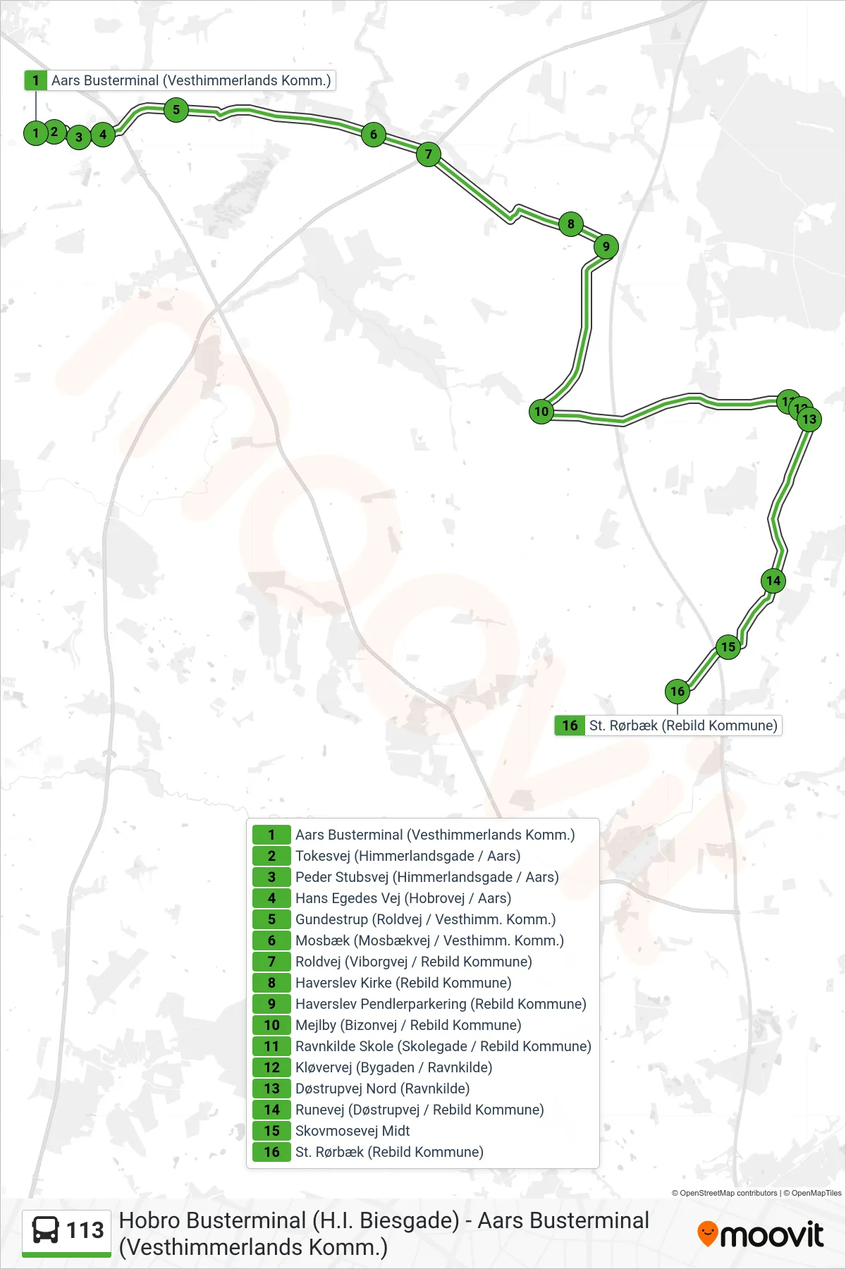 113 bus Linje (Rørbæk) rute og stop på et kort