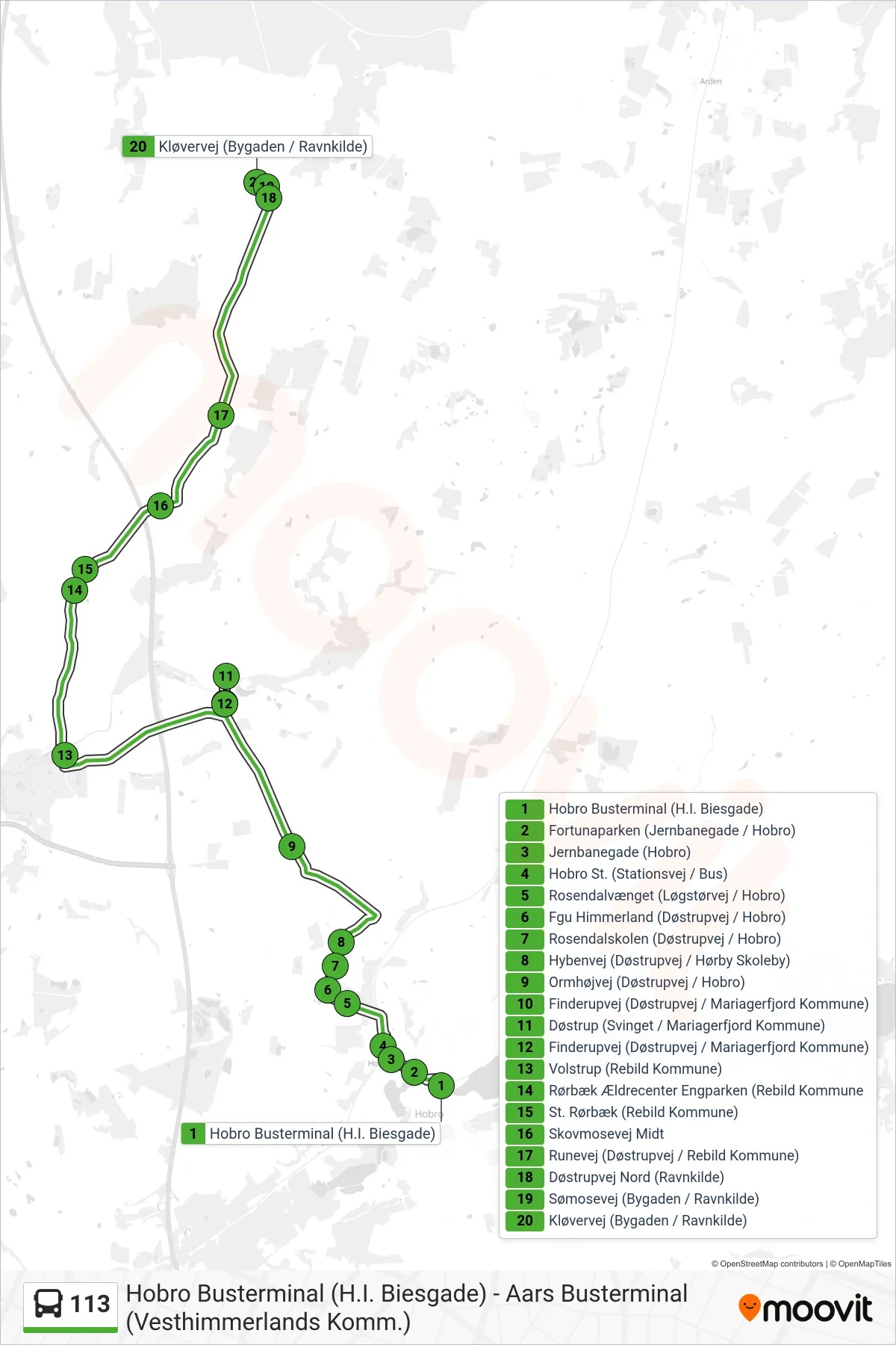 113 bus Linje (Ravnkilde) rute og stop på et kort