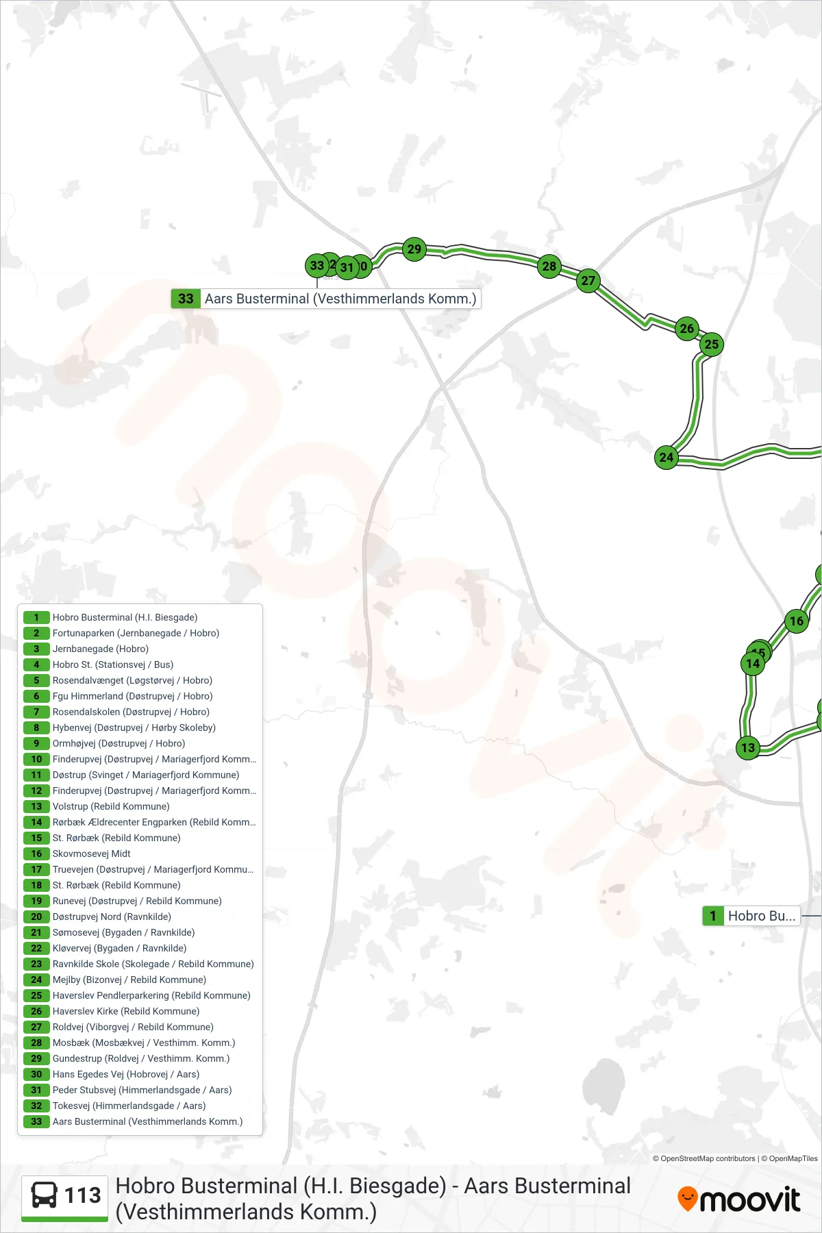 113 bus Linje (Aars) rute og stop på et kort
