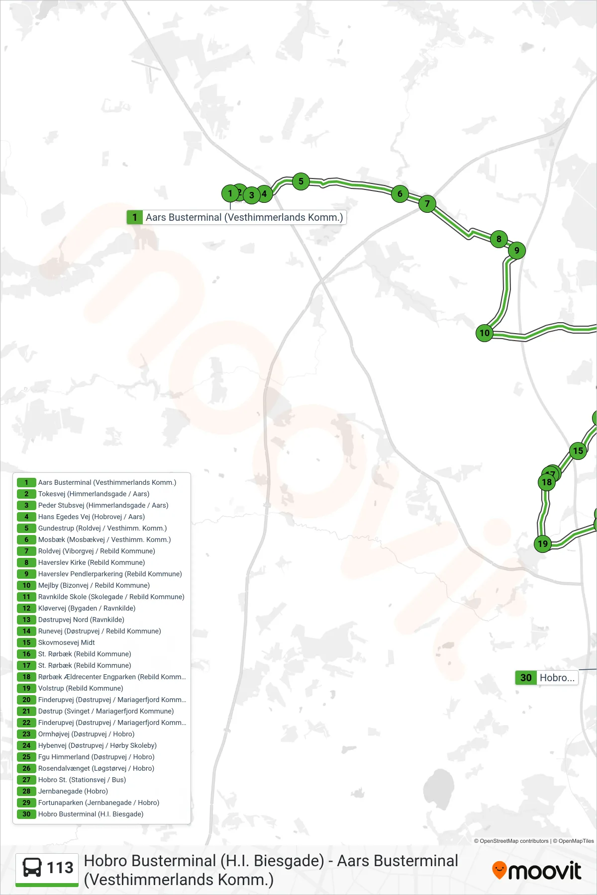 113 bus Linje (Hobro) rute og stop på et kort
