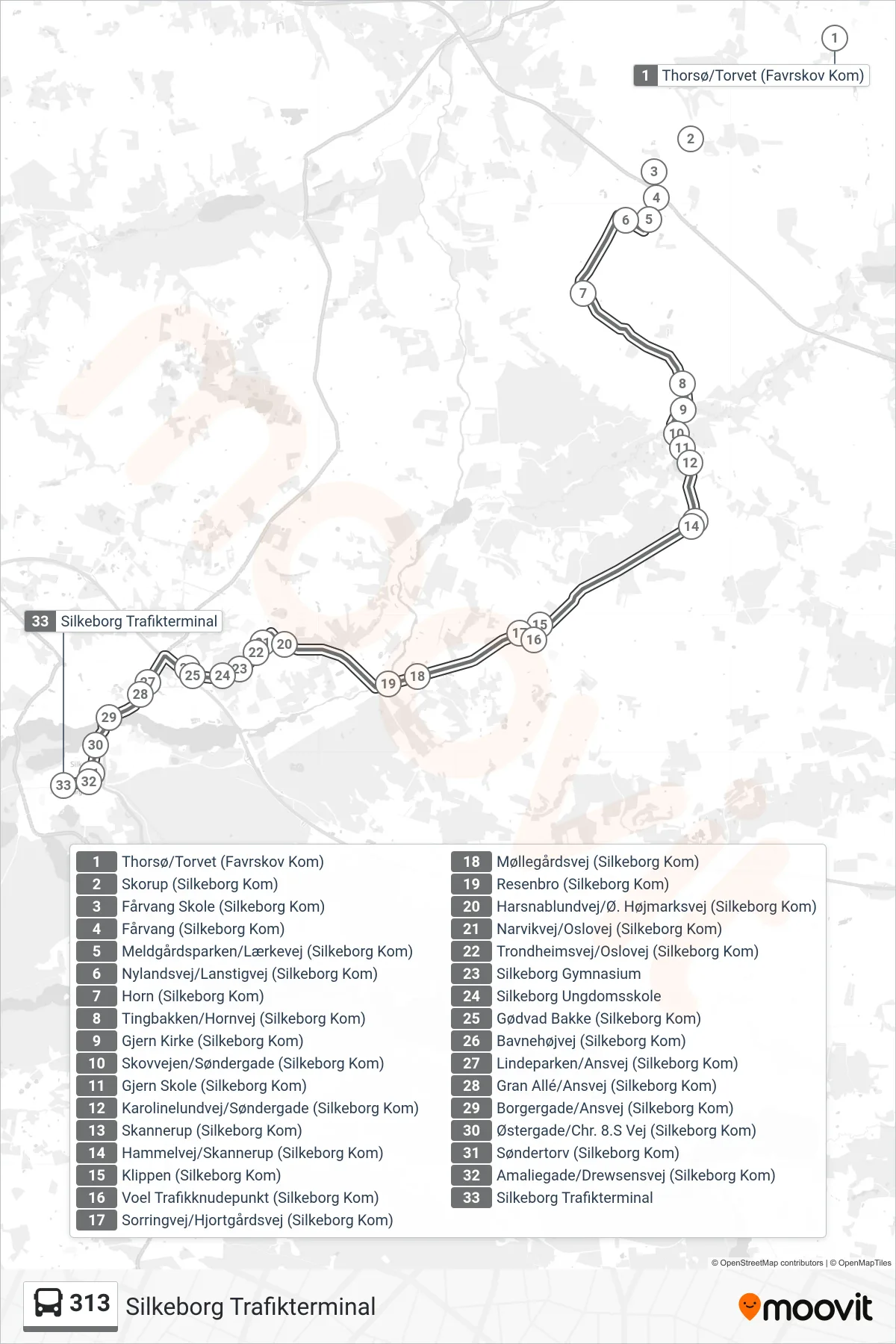 313 bus Linje (Silkeborg Trafikterminal) rute og stop på et kort
