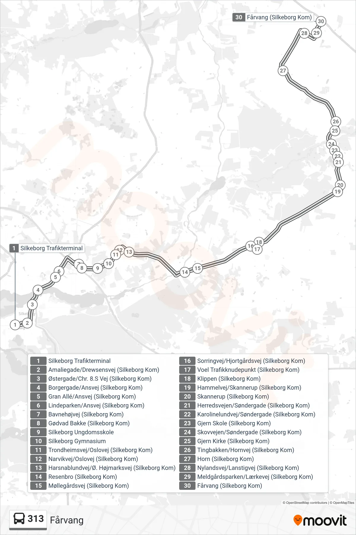 313 bus Linje (Fårvang) rute og stop på et kort