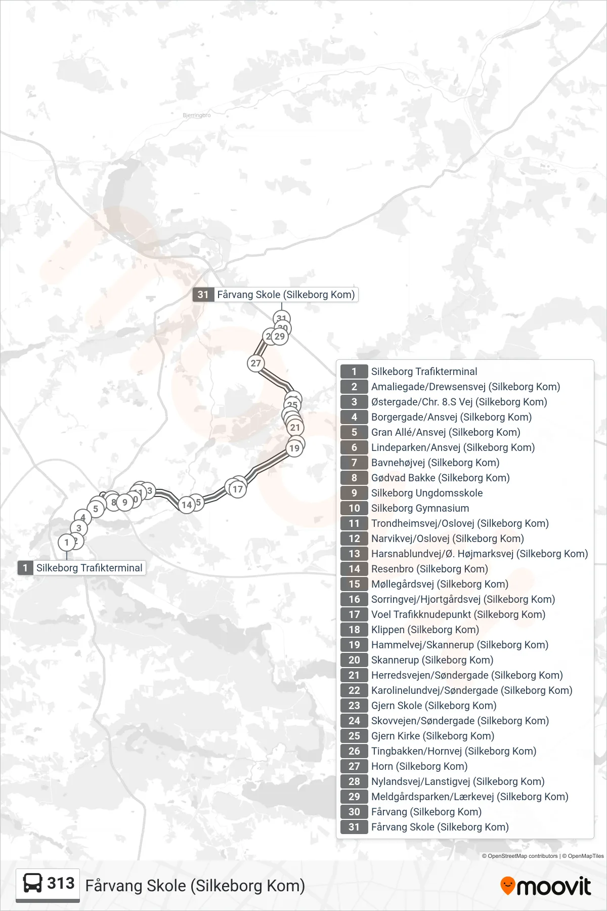 313 bus Linje (Fårvang Skole (Silkeborg Kom)) rute og stop på et kort