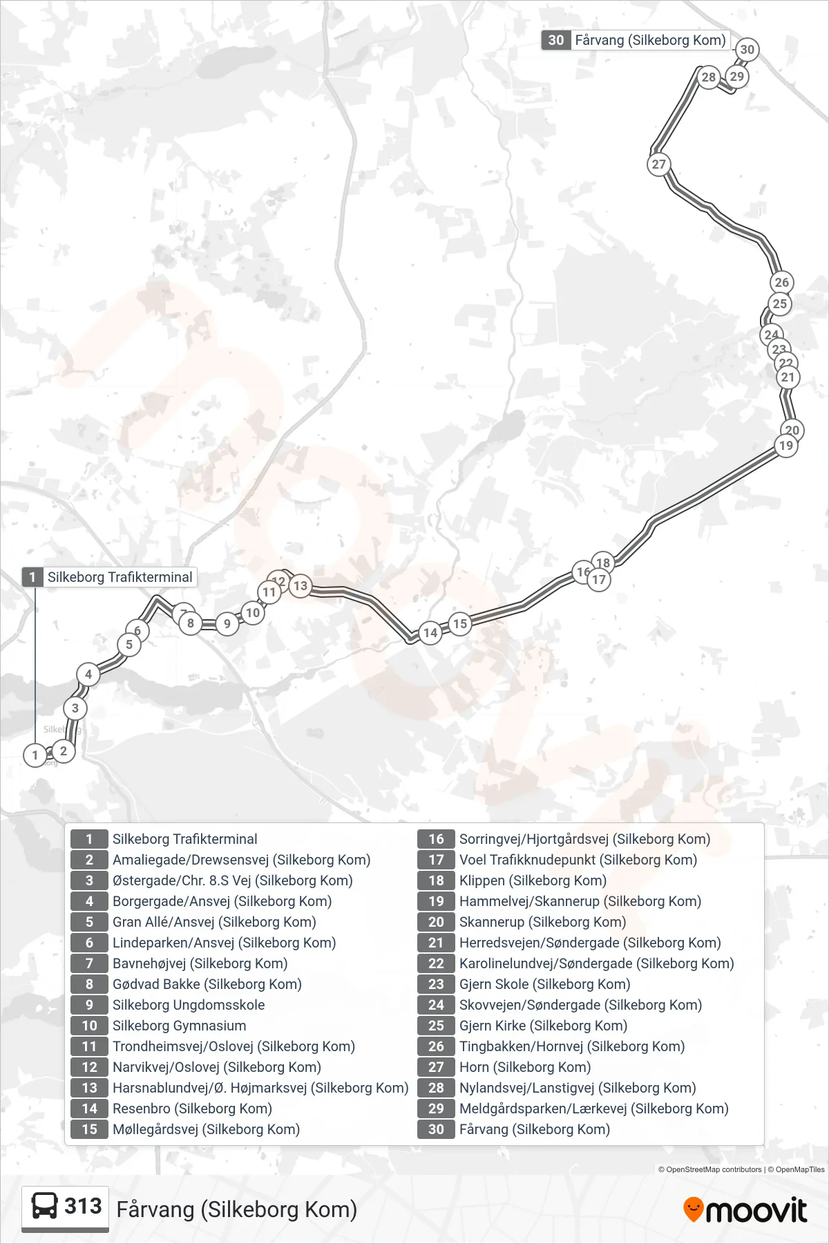 313 bus Linje (Fårvang (Silkeborg Kom)) rute og stop på et kort