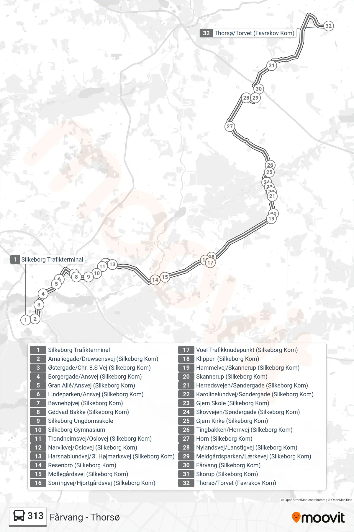 313 bus Line (Fårvang - Thorsø) route and stops on a map
