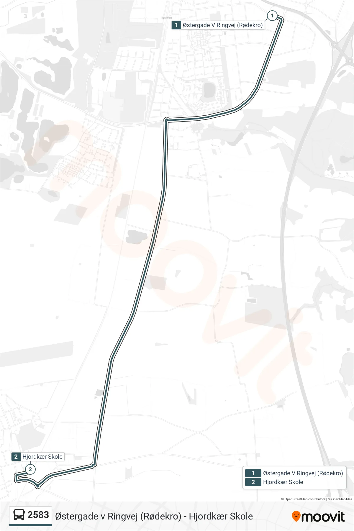 2583 bus Linje (Hjordkær Skole) rute og stop på et kort