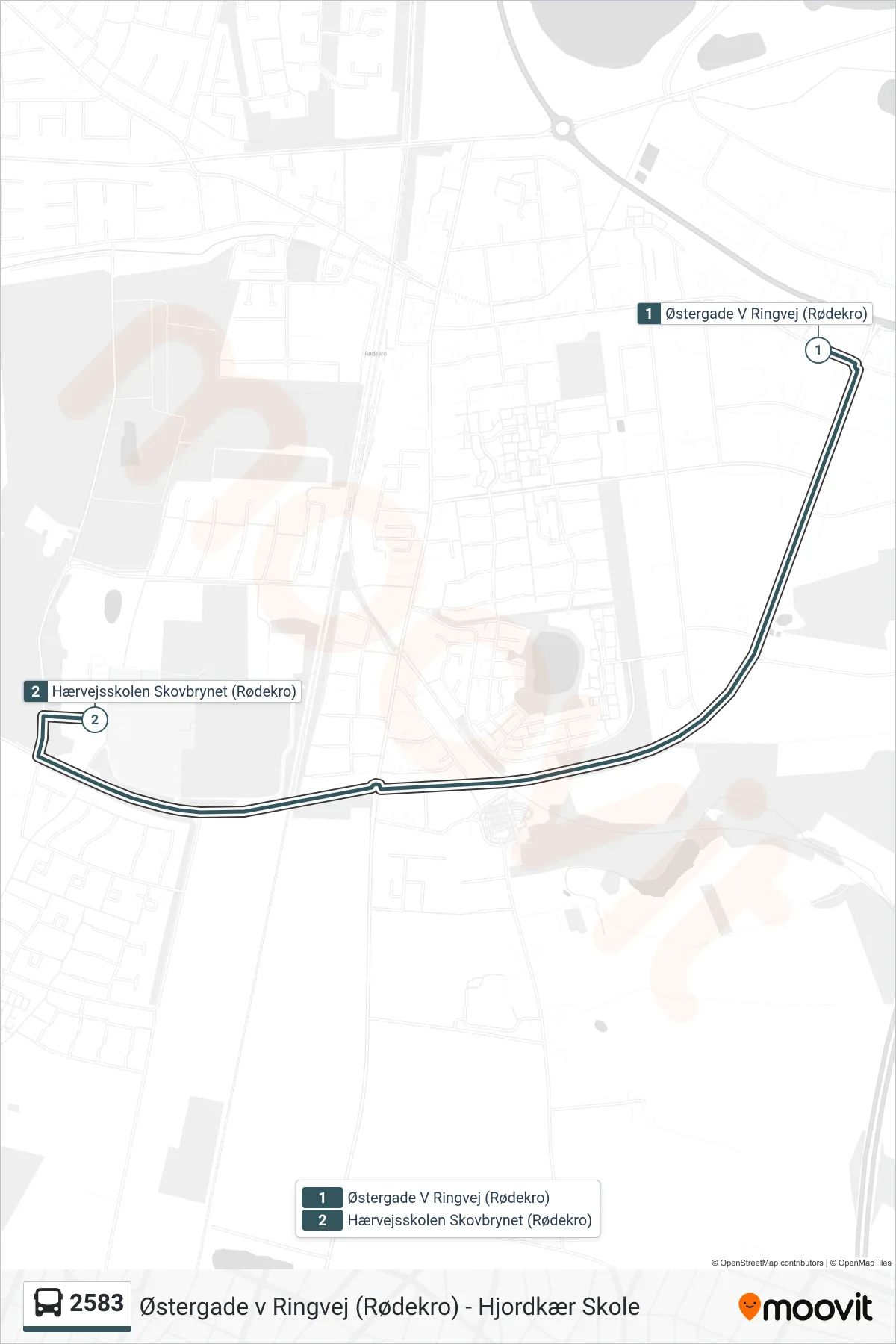 2583 bus Linje (Hærvejsskolen Skovbrynet (Rødekro)) rute og stop på et kort