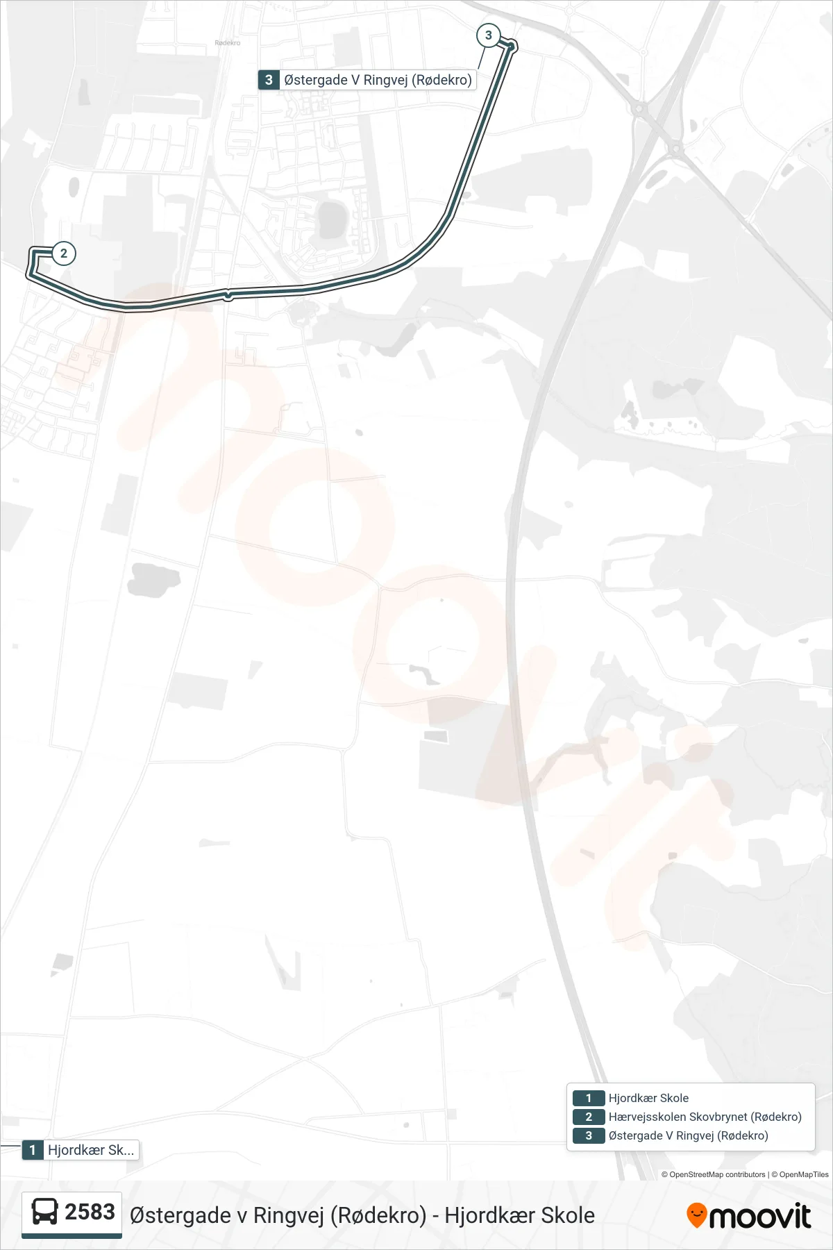 2583 bus Linje (Østergade V Ringvej (Rødekro)) rute og stop på et kort