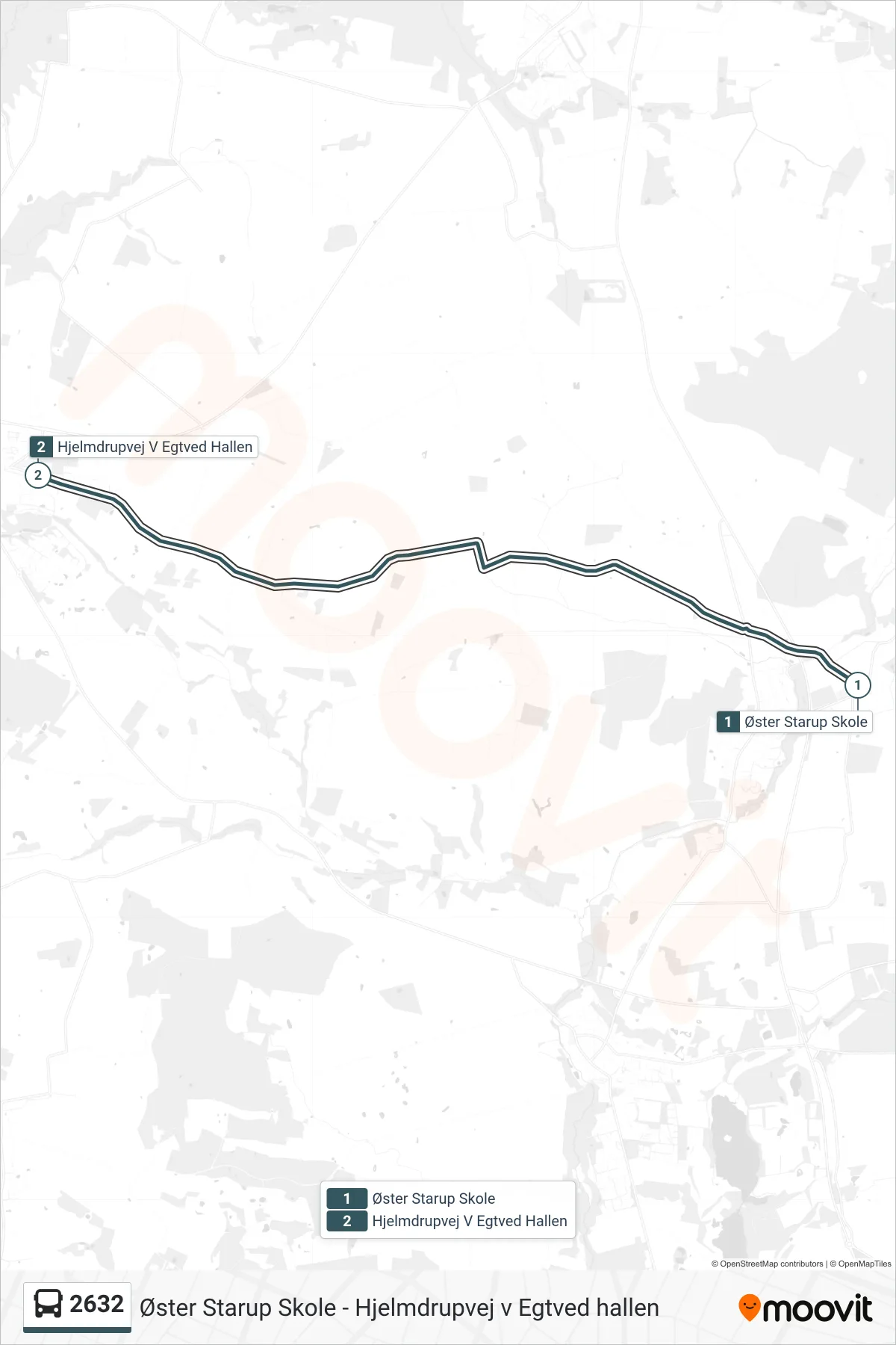 2632 bus Linje (Hjelmdrupvej V Egtved Hallen) rute og stop på et kort