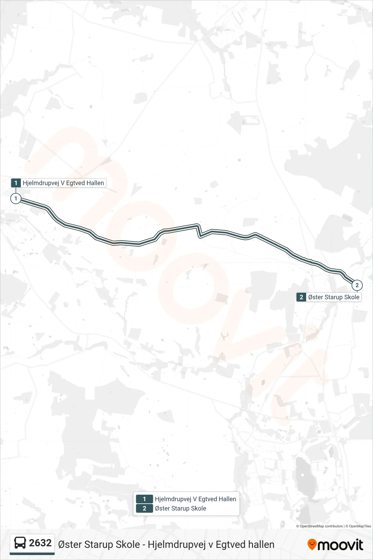 2632 bus Linje (Øster Starup Skole) rute og stop på et kort