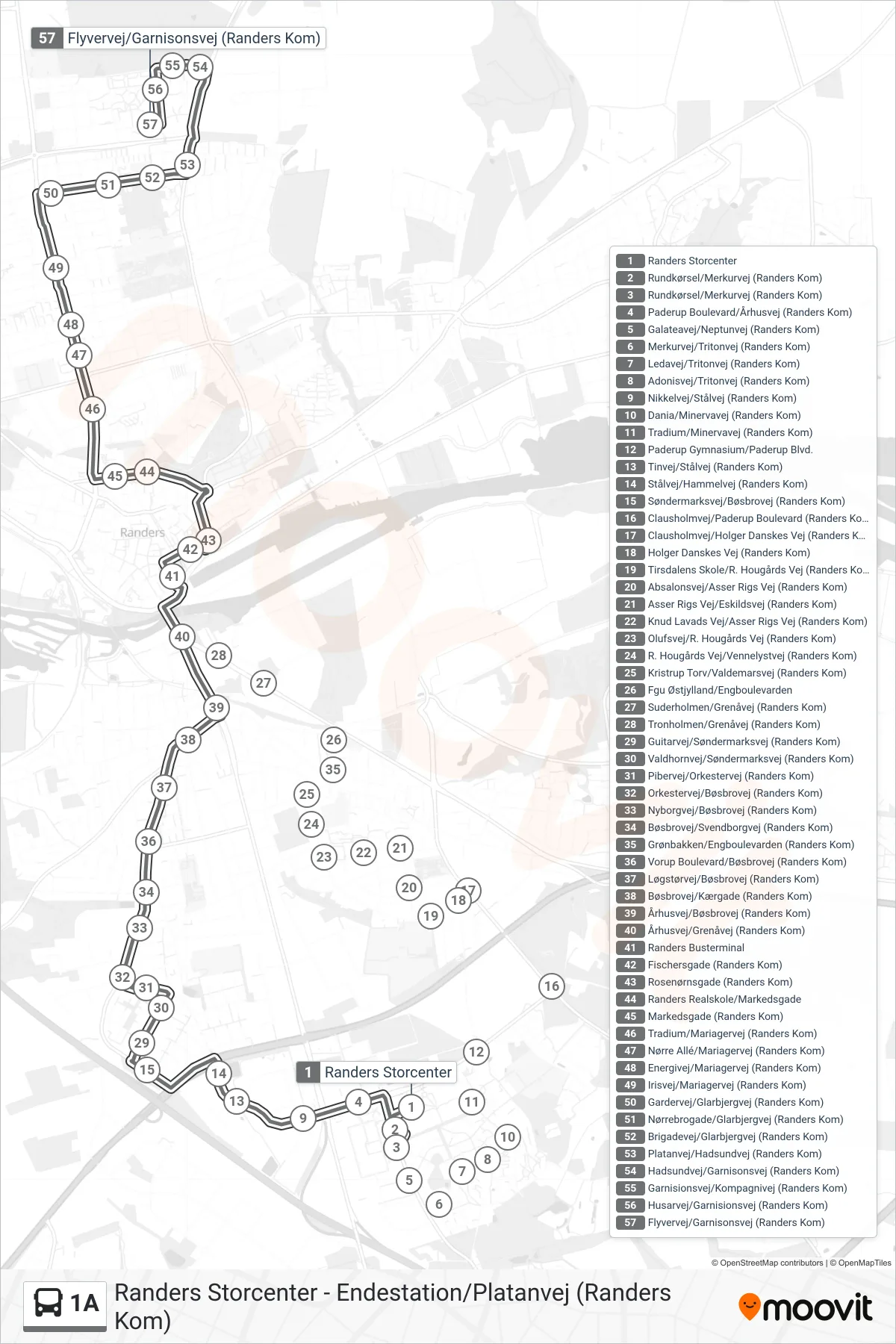 1A bus Linje (Flyvervej/Garnisonsvej (Randers Kom)) rute og stop på et kort