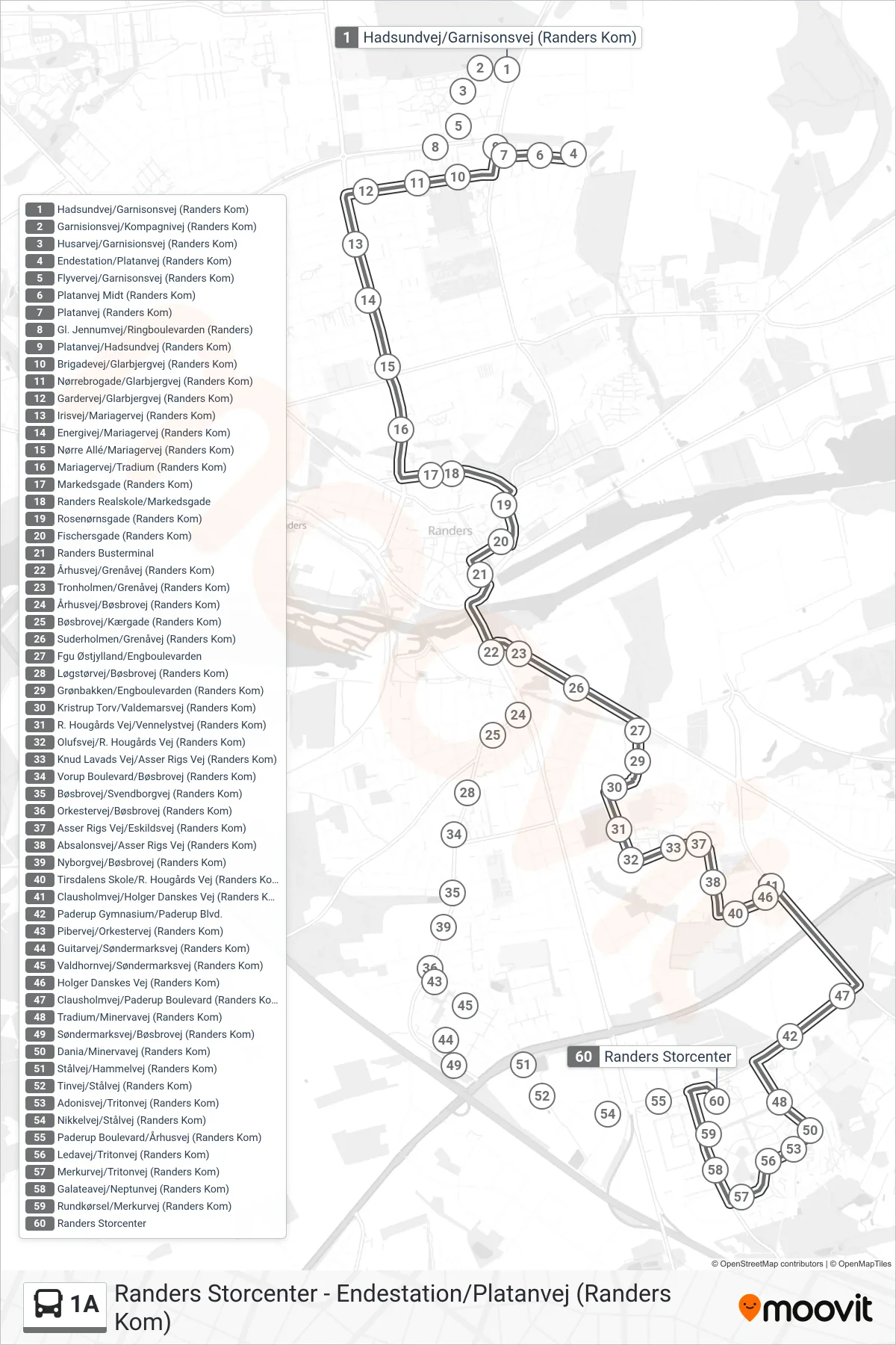 1A bus Linje (Randers Storcenter) rute og stop på et kort