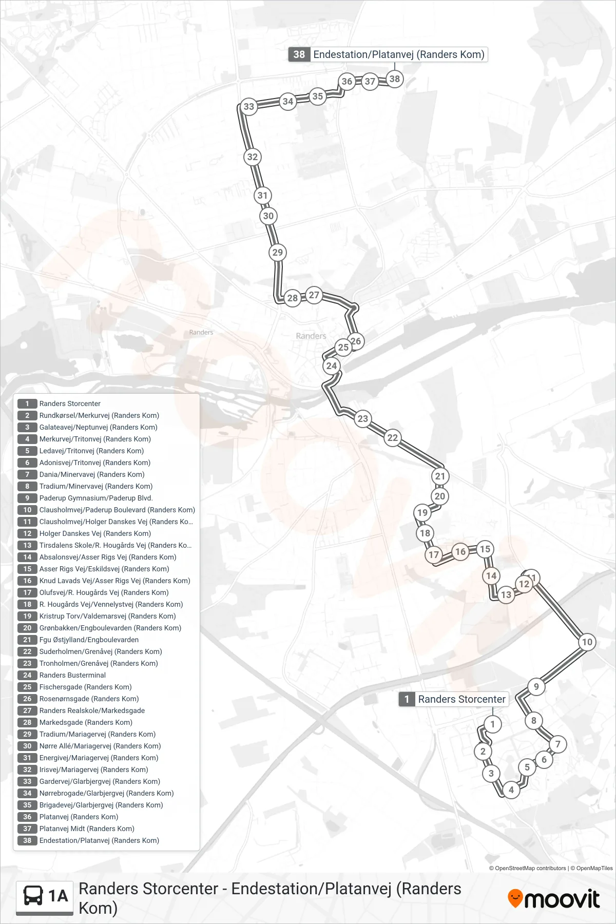 1A bus Linje (Endestation/Platanvej (Randers Kom)) rute og stop på et kort