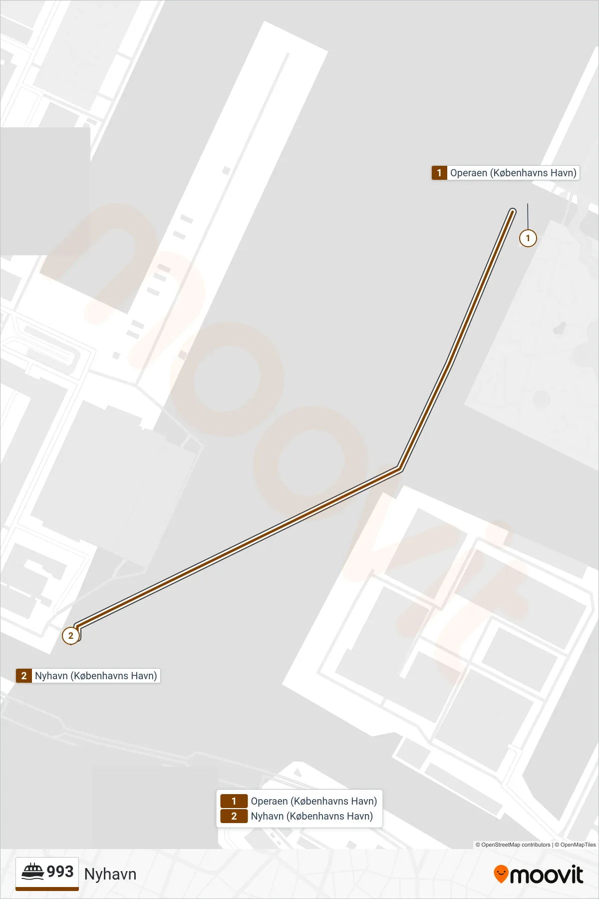 993 færge Linje (Nyhavn) rute og stop på et kort