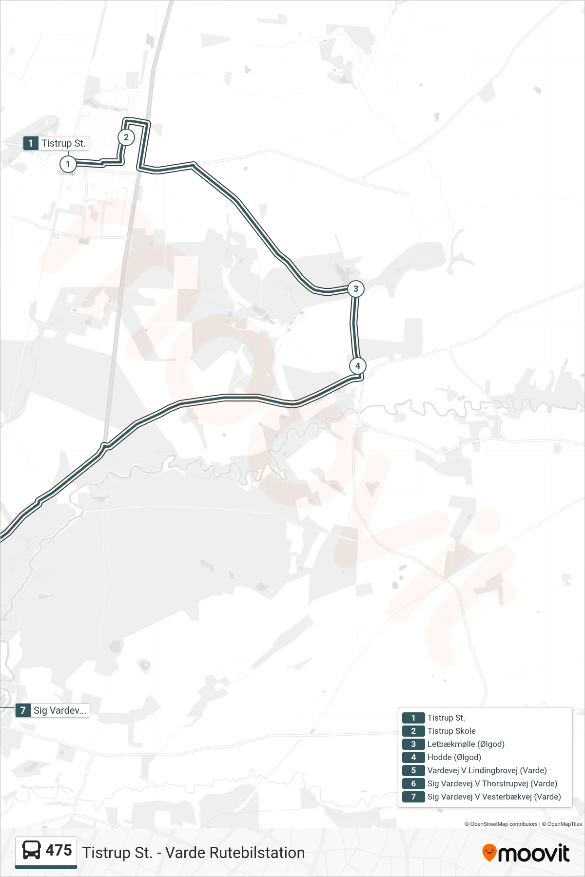 475 bus Linje (Sig Vardevej V Vesterbækvej (Varde)) rute og stop på et kort