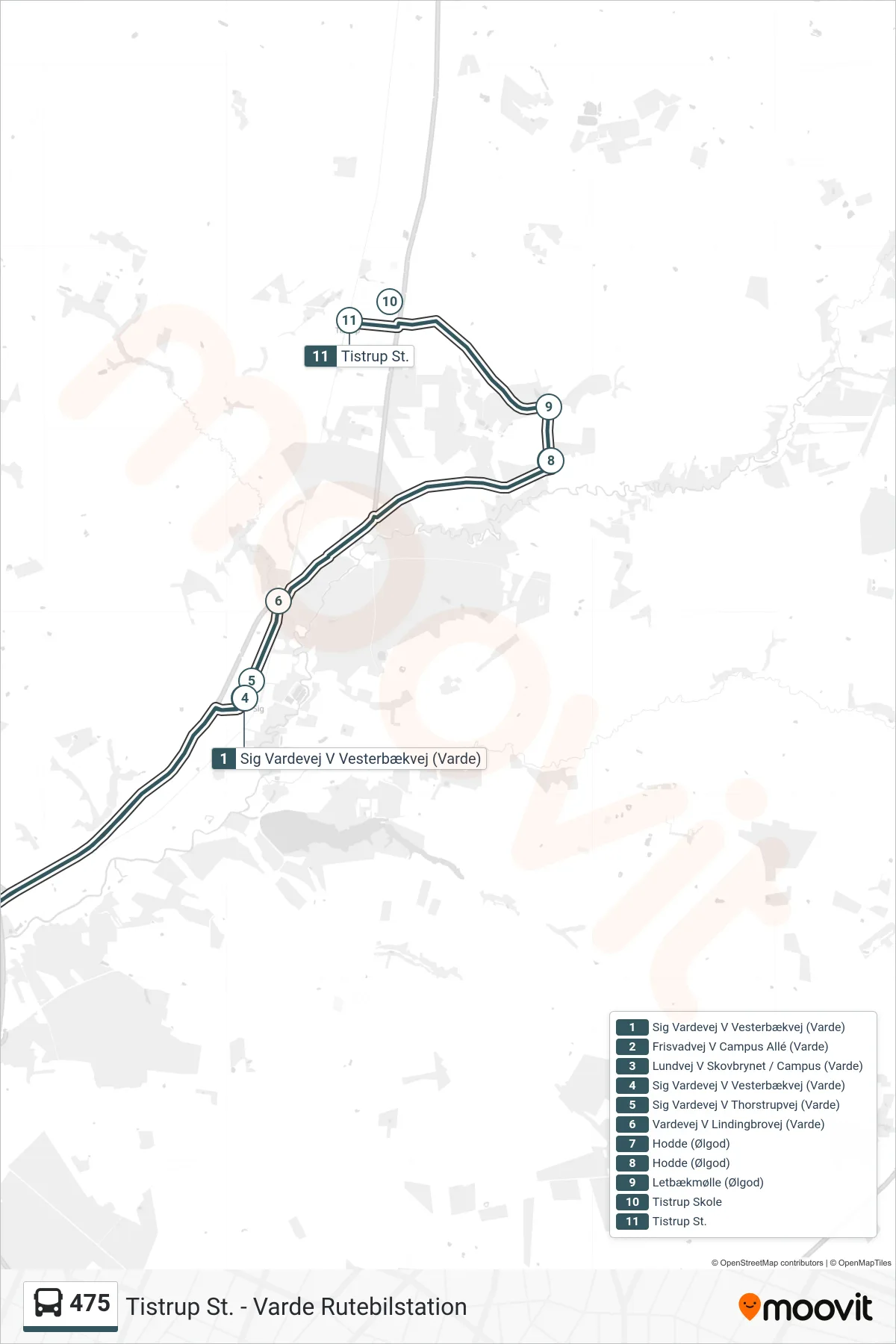 475 bus Linje (Tistrup St. (Bus)) rute og stop på et kort