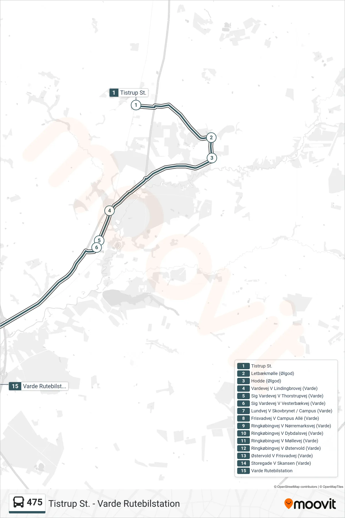 475 bus Linje (Varde Rutebilstation) rute og stop på et kort